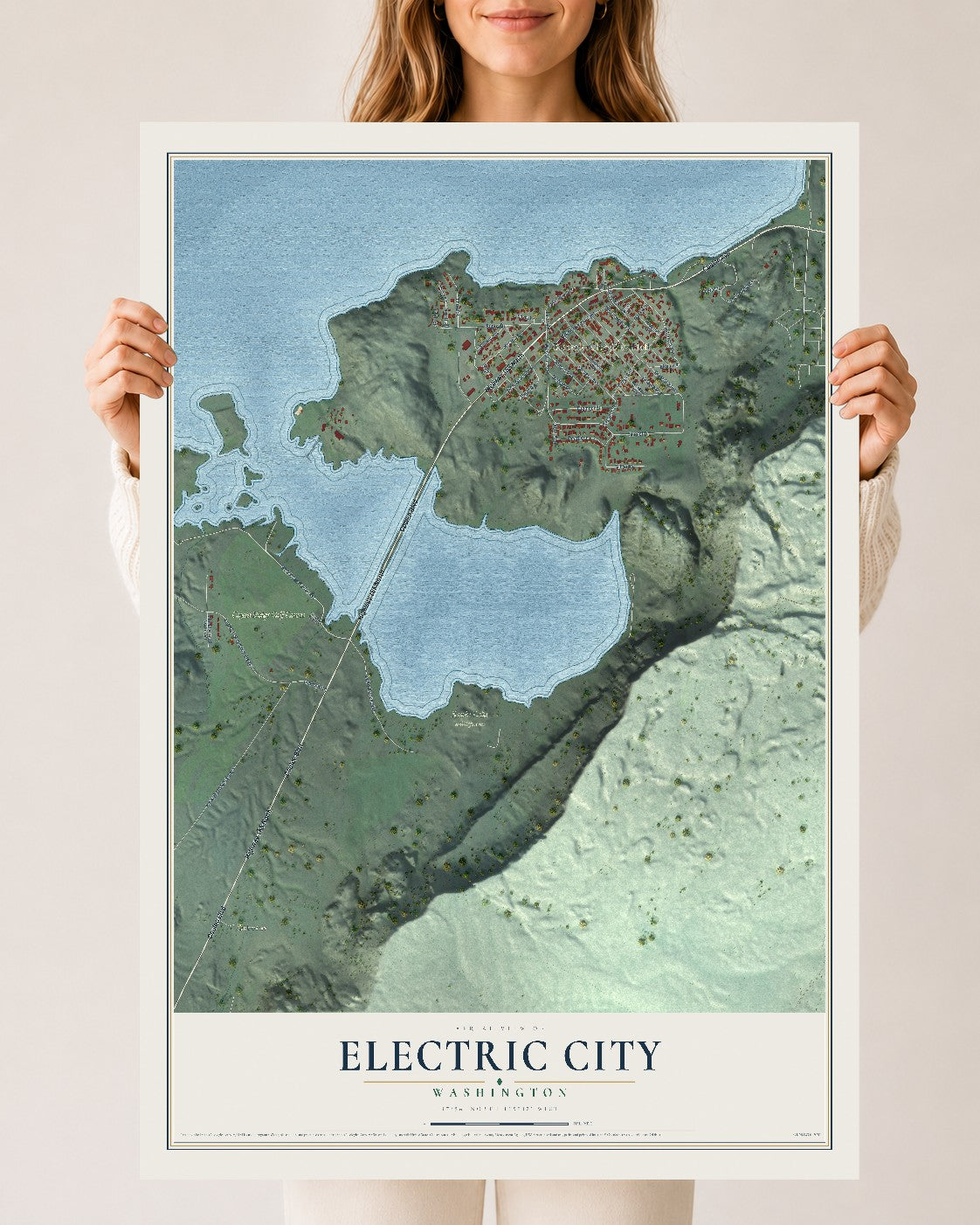 Map of Electric City, Washington, 24 x 36 inch unframed archival matte print