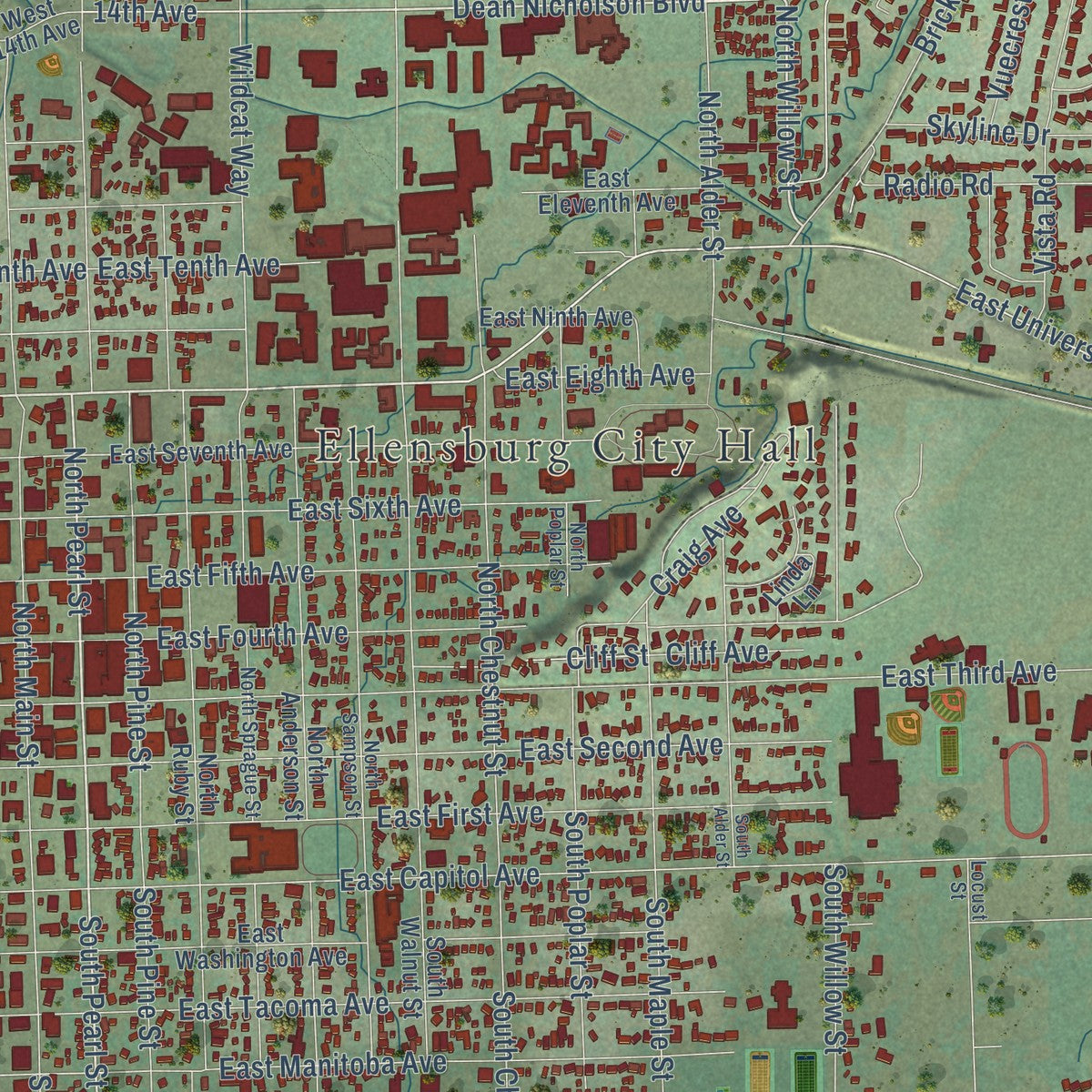 Close-up of the map of Ellensburg, Washington print showing street and building detail