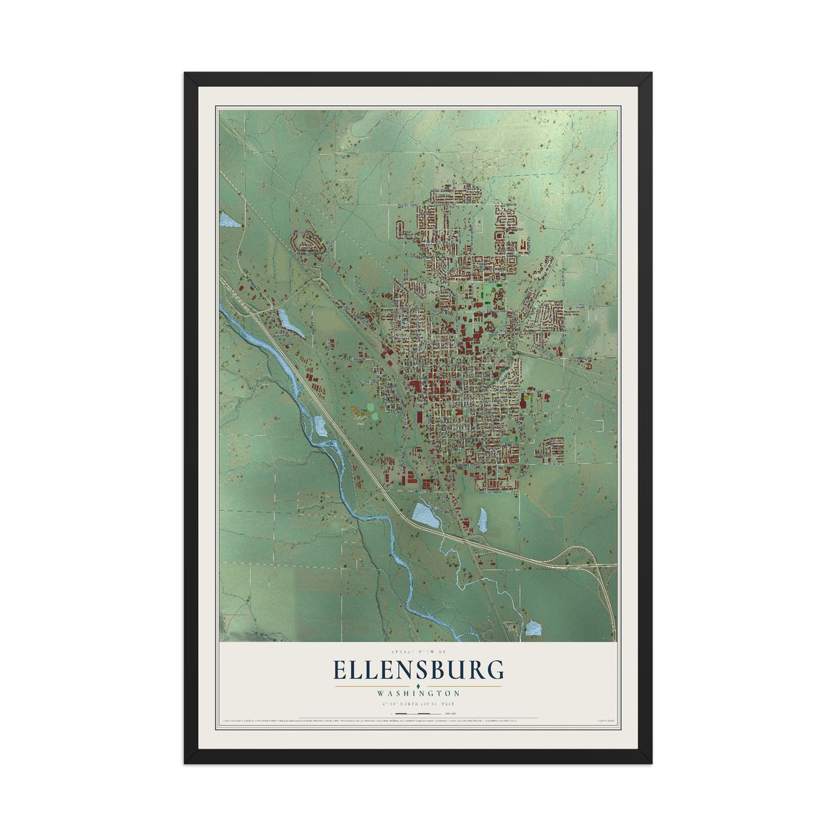 Map of Ellensburg, Washington, 12 x 18 inch print in a black wood frame