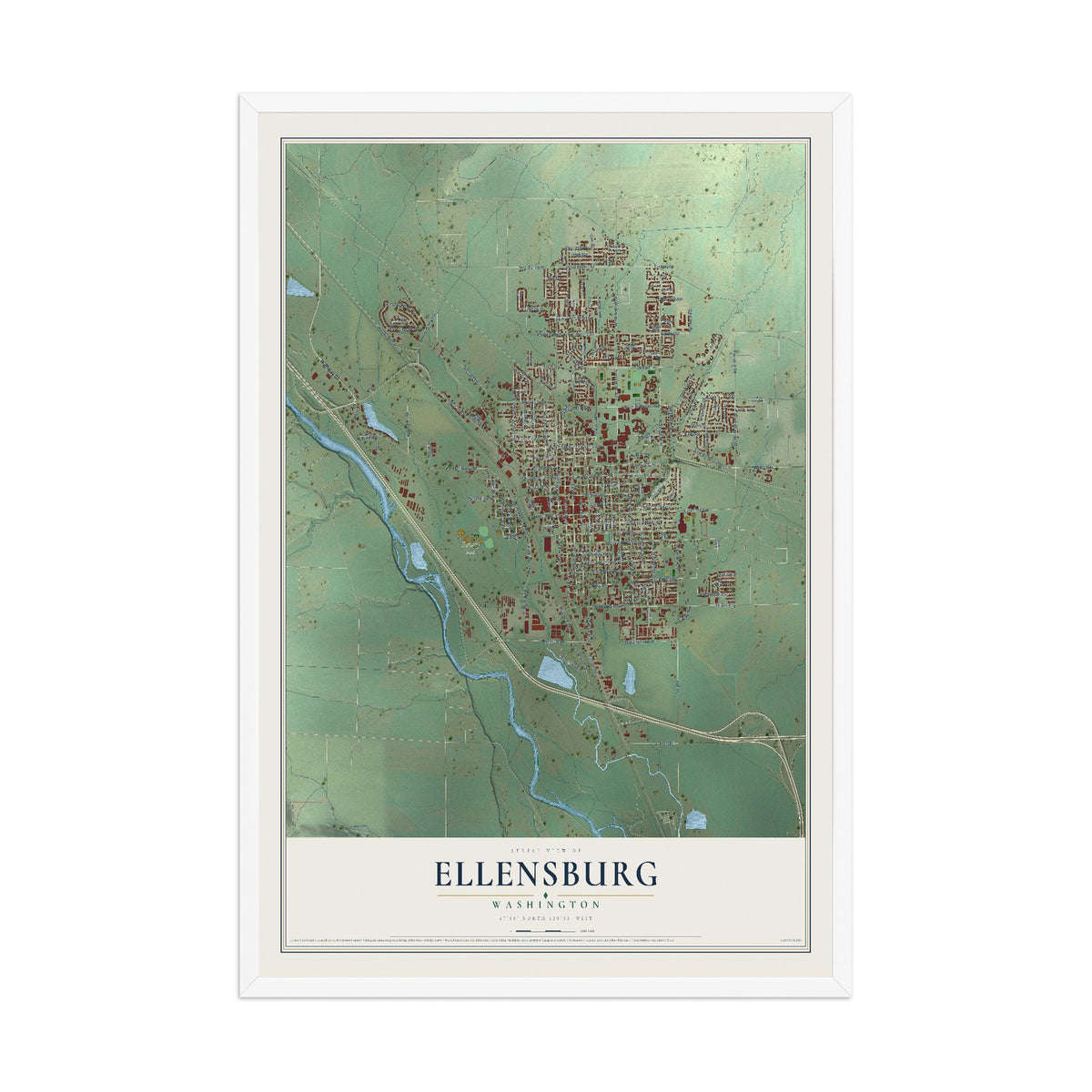 Map of Ellensburg, Washington, 12 x 18 inch print in a white wood frame