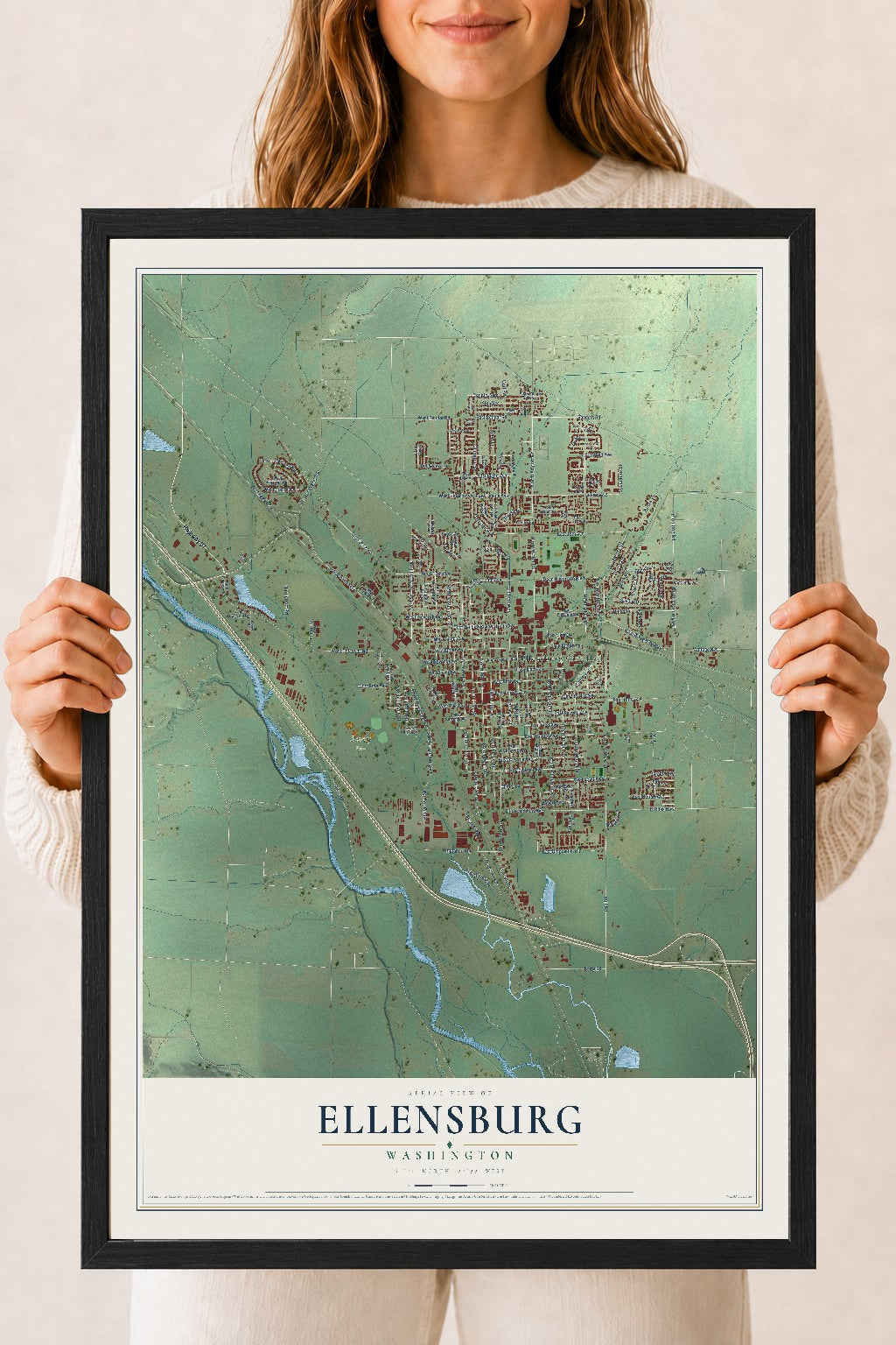 Map of Ellensburg, Washington, 18 x 24 inch print in a black wood frame