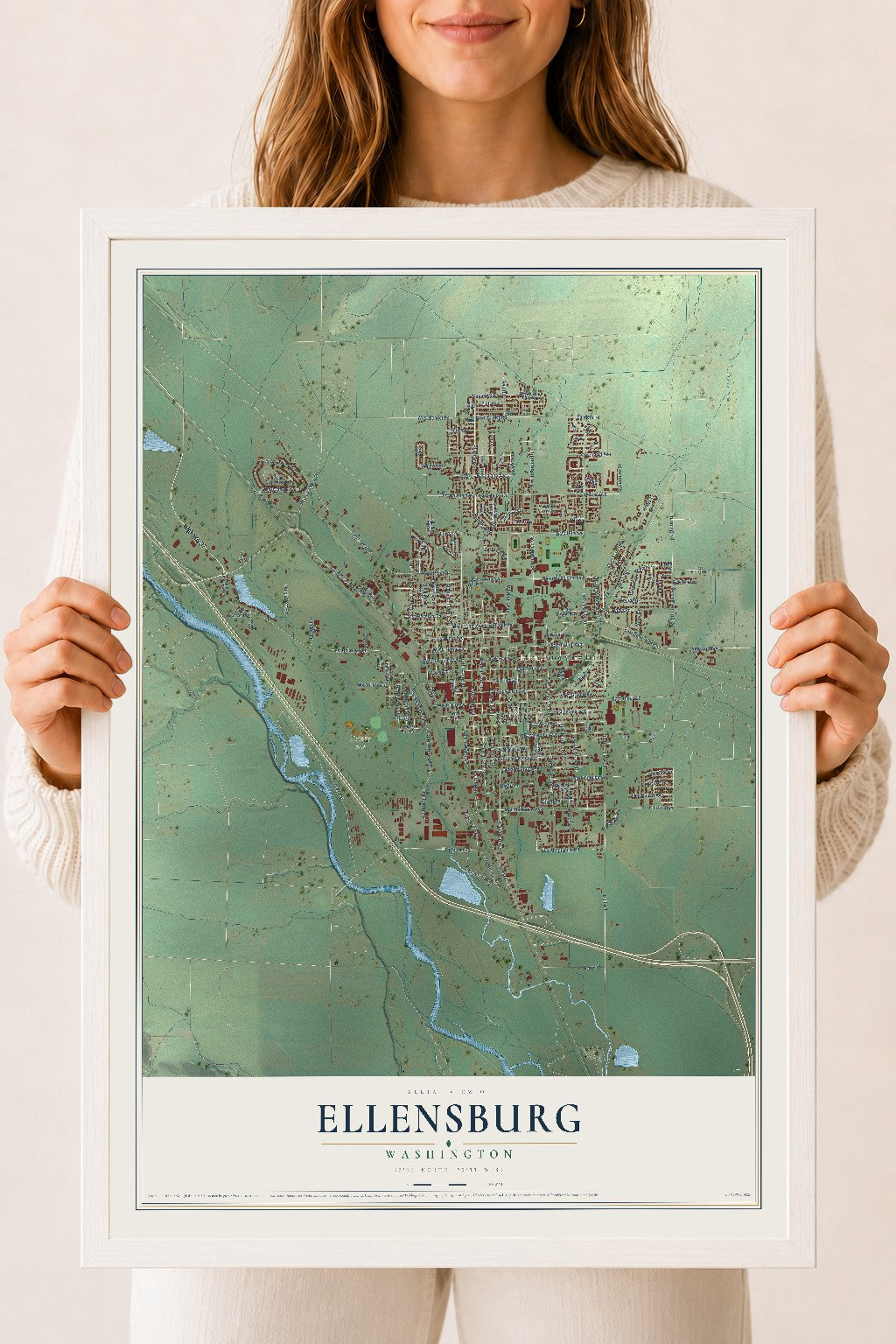 Map of Ellensburg, Washington, 18 x 24 inch print in a white wood frame