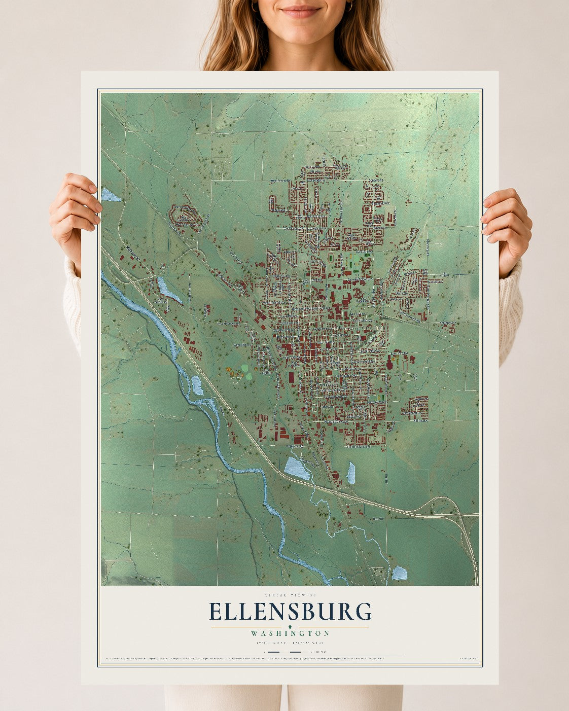 Map of Ellensburg, Washington, 24 x 36 inch unframed archival matte print
