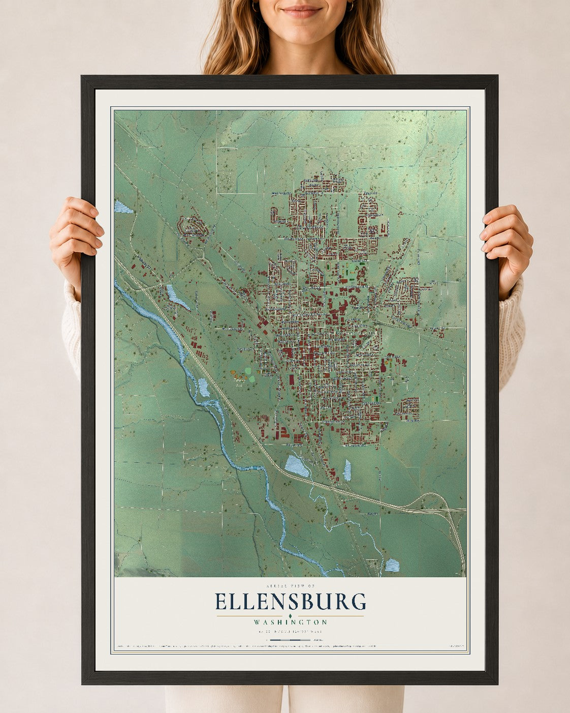 Map of Ellensburg, Washington, 24 x 36 inch print in a black wood frame