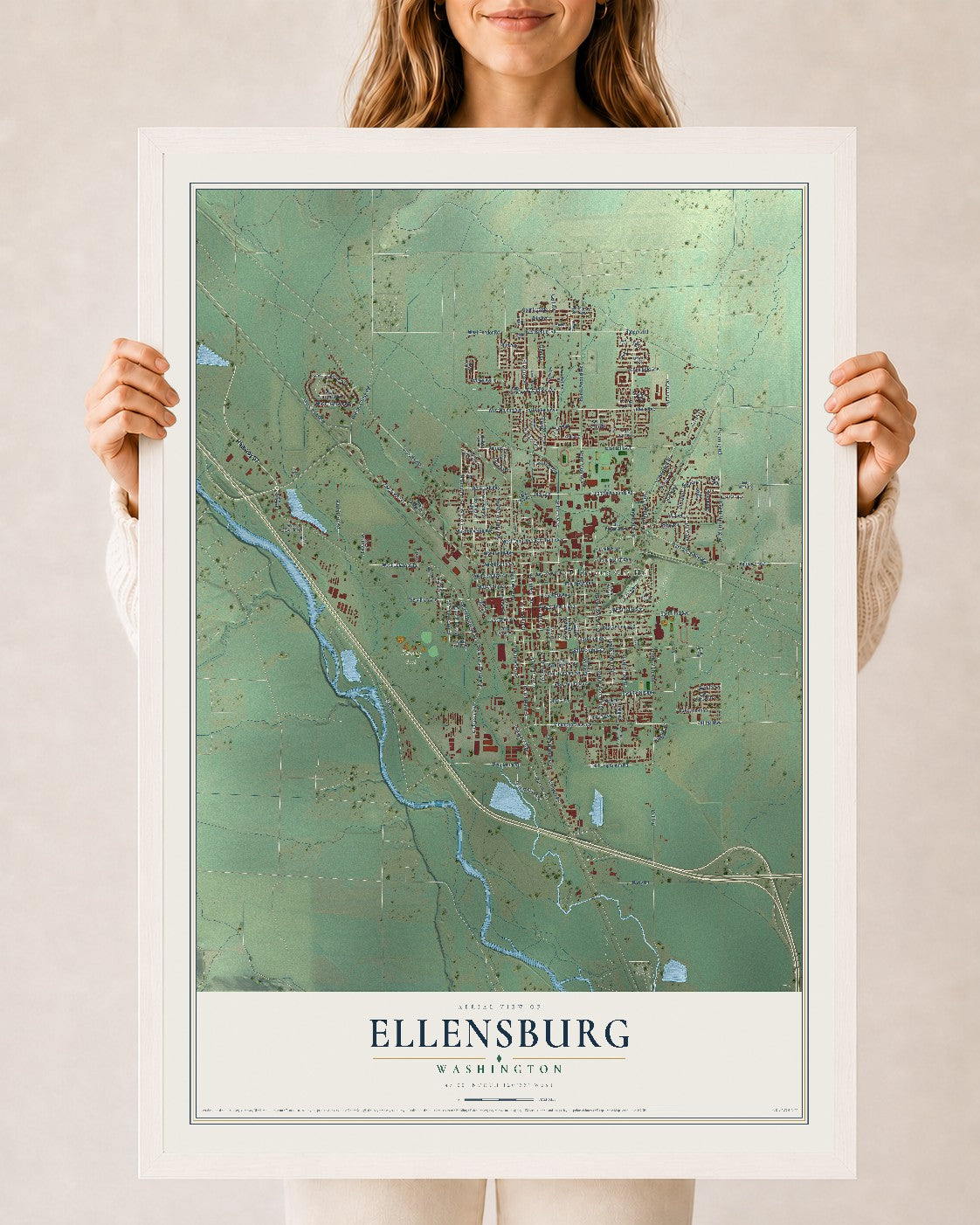 Map of Ellensburg, Washington, 24 x 36 inch print in a white wood frame
