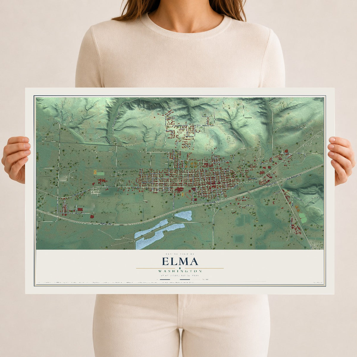 Map of Elma, Washington, 12 x 18 inch unframed archival matte print