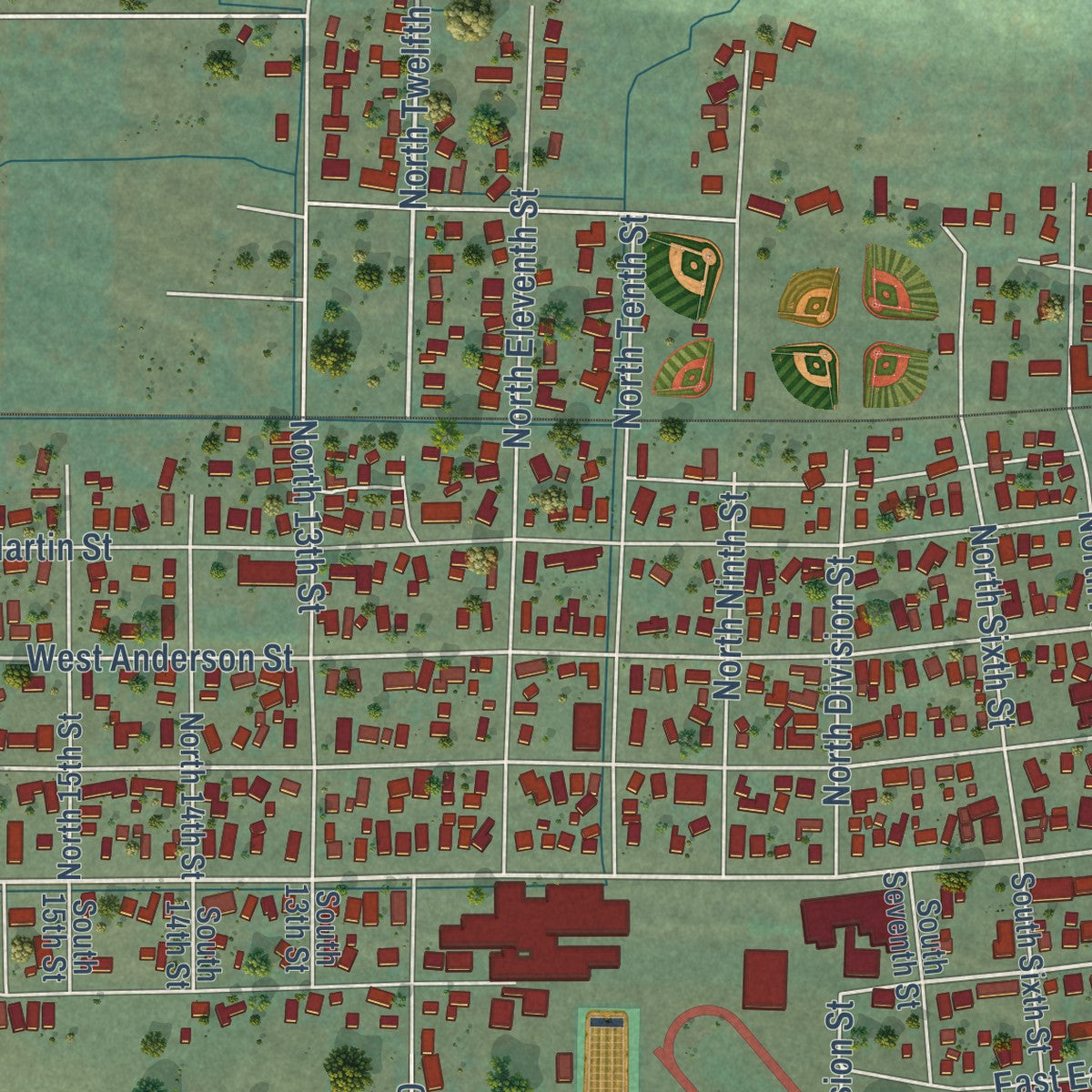 Close-up of the map of Elma, Washington print showing street and building detail