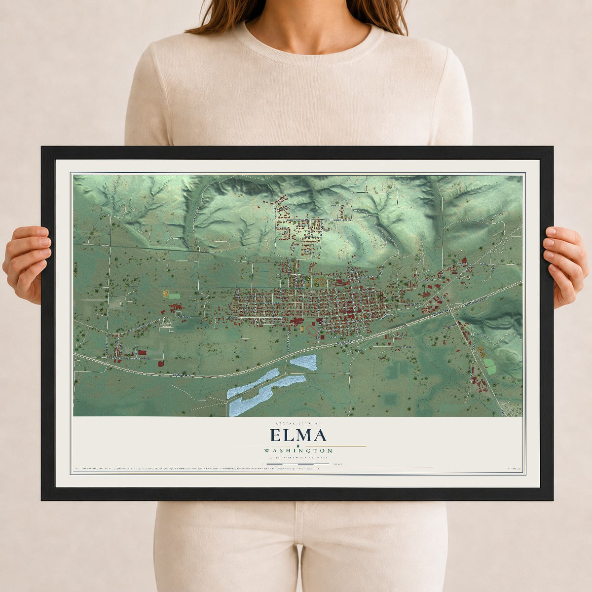 Map of Elma, Washington, 12 x 18 inch print in a black wood frame