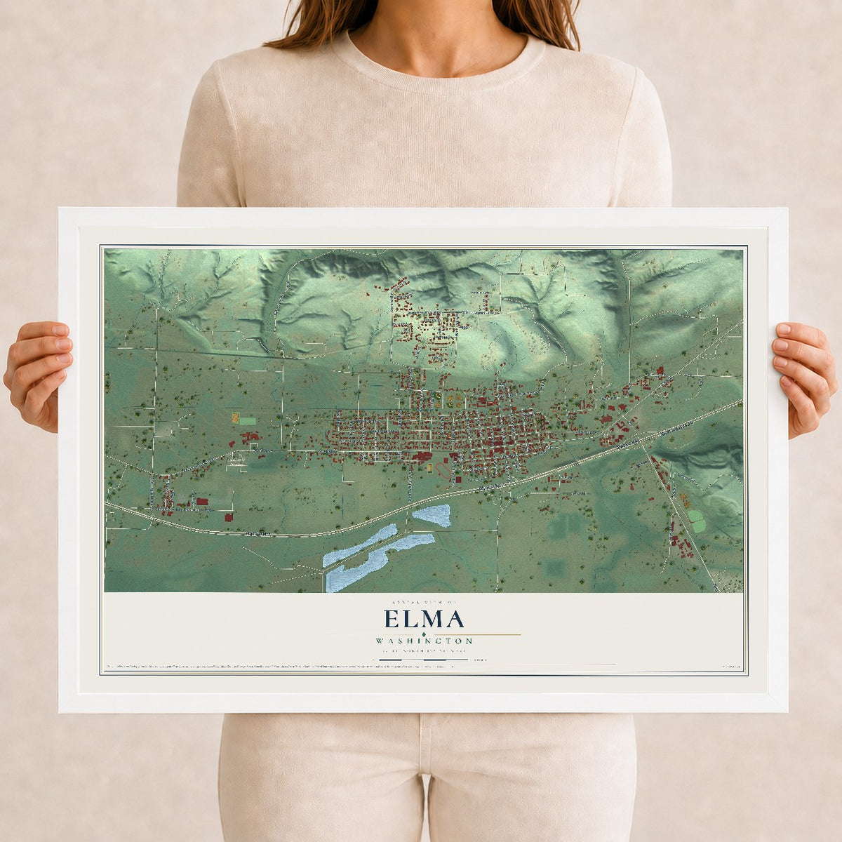 Map of Elma, Washington, 12 x 18 inch print in a white wood frame