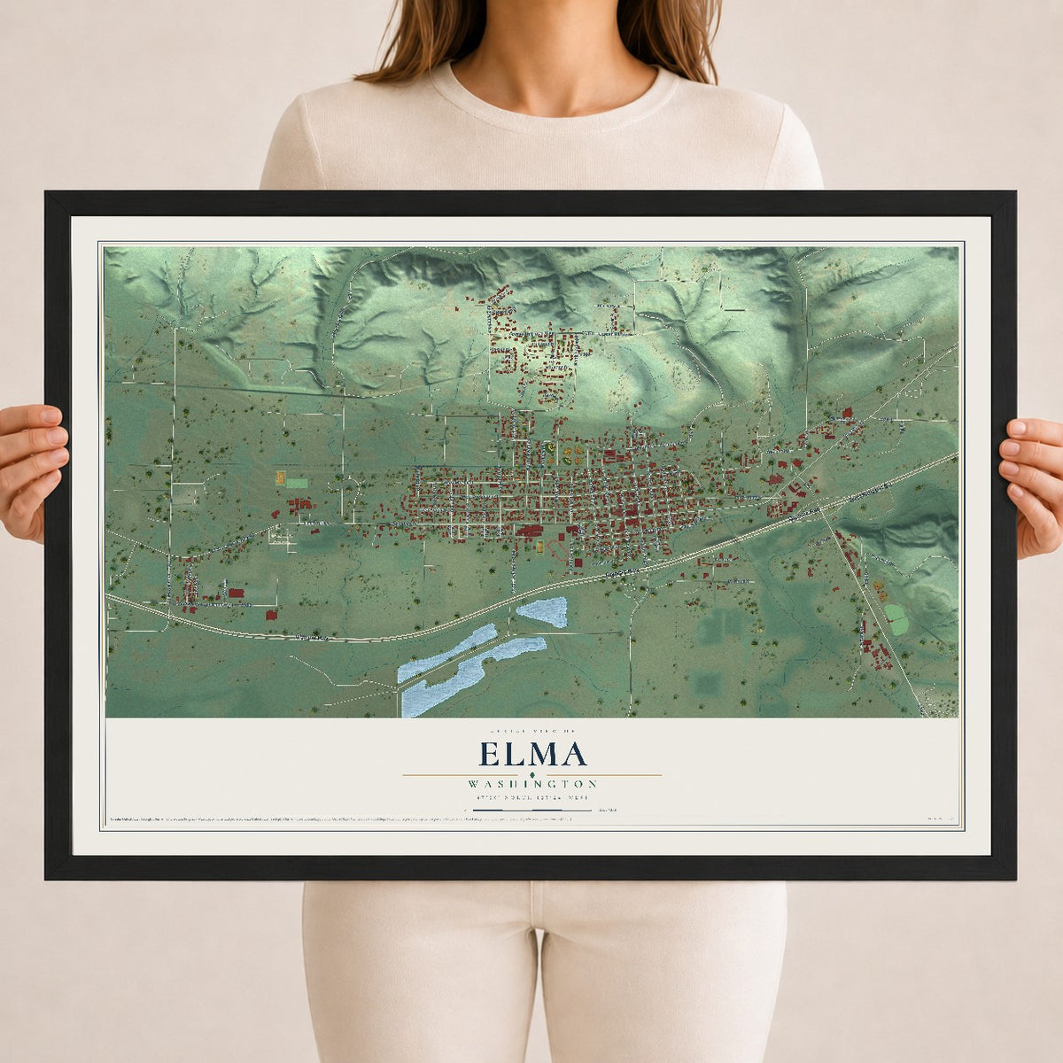 Map of Elma, Washington, 18 x 24 inch print in a black wood frame