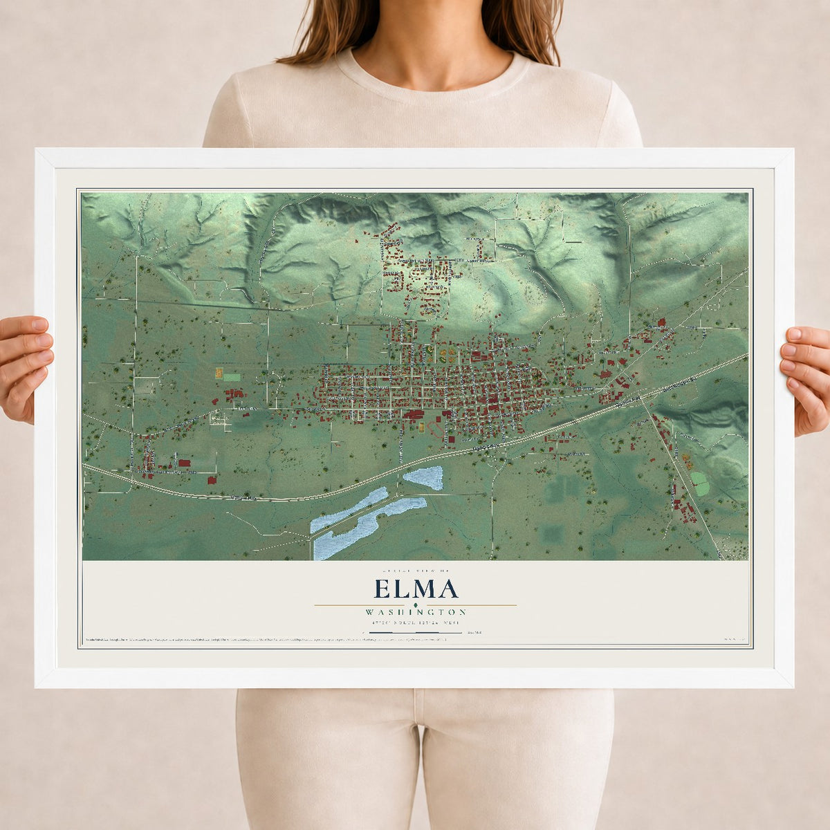 Map of Elma, Washington, 18 x 24 inch print in a white wood frame