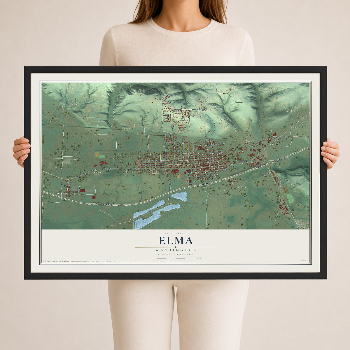 Map of Elma, Washington, 24 x 36 inch print in a black wood frame