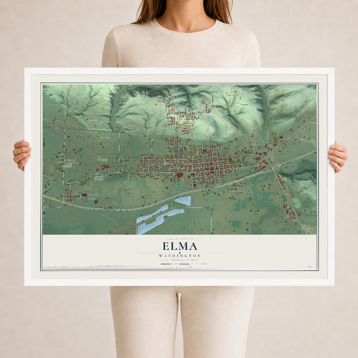 Map of Elma, Washington, 24 x 36 inch print in a white wood frame