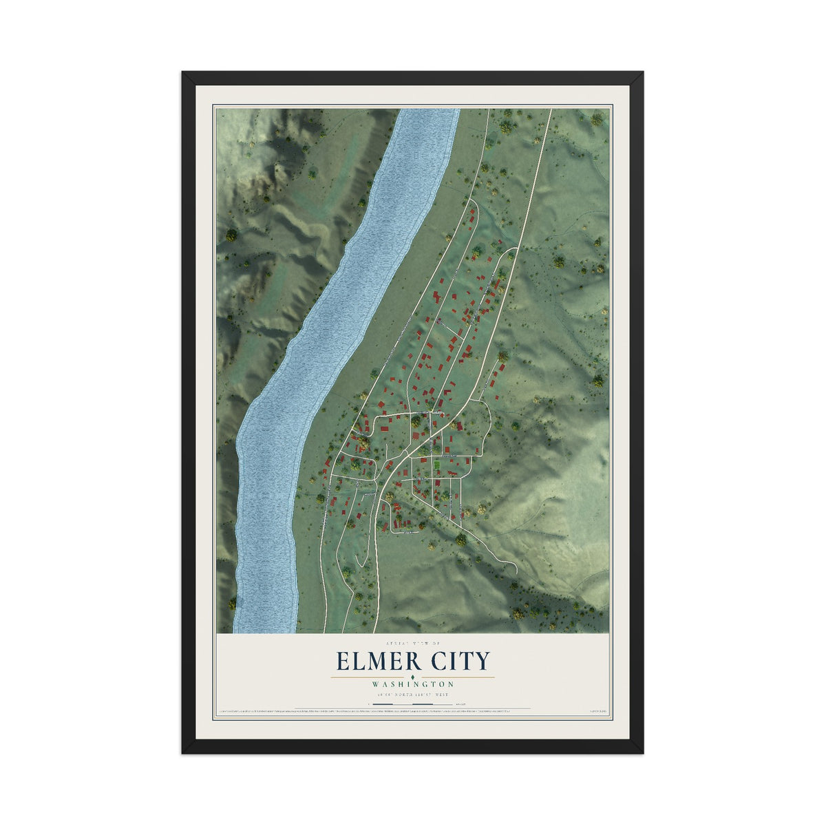 Map of Elmer City, Washington, 12 x 18 inch print in a black wood frame