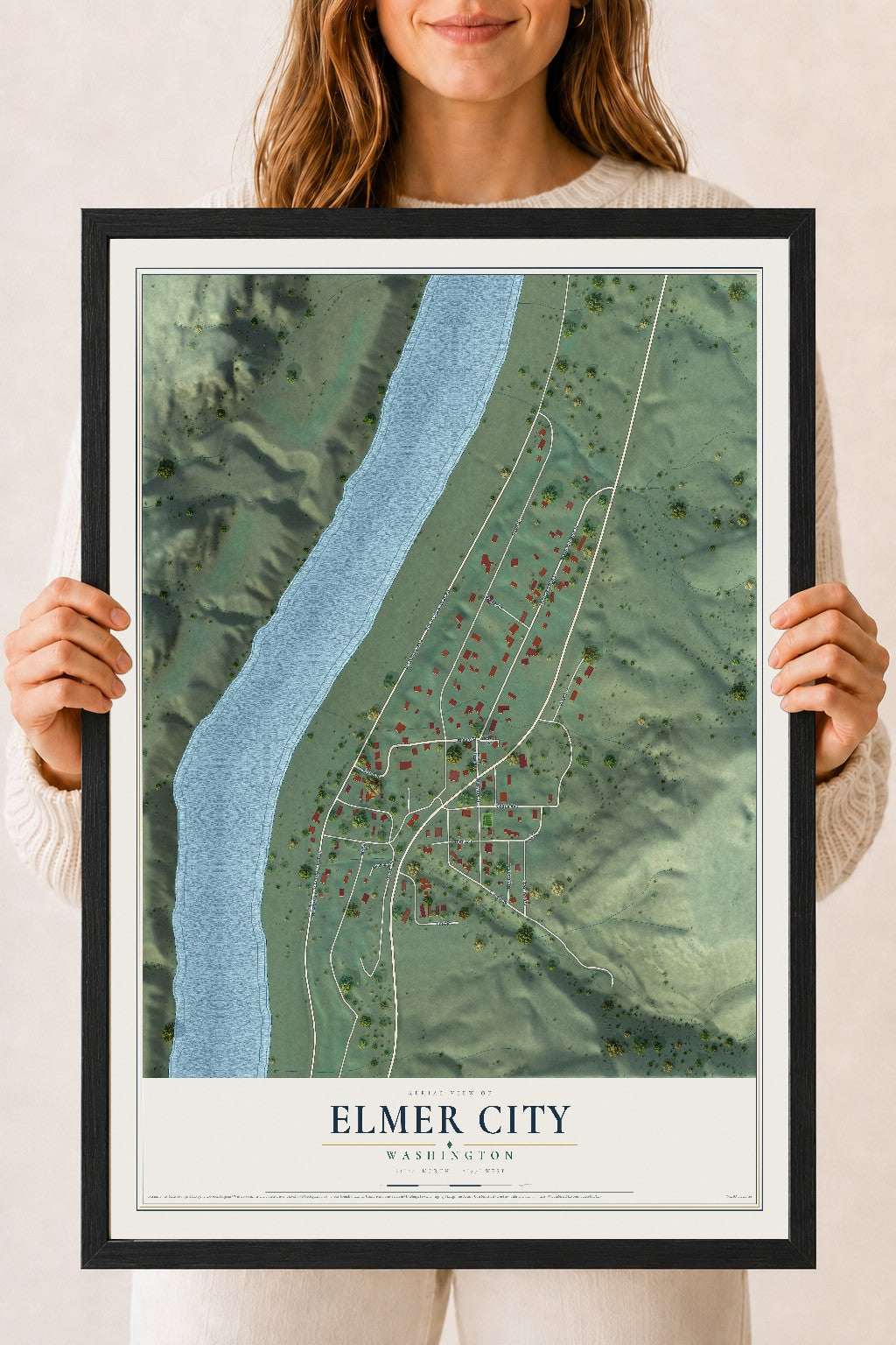 Map of Elmer City, Washington, 18 x 24 inch print in a black wood frame