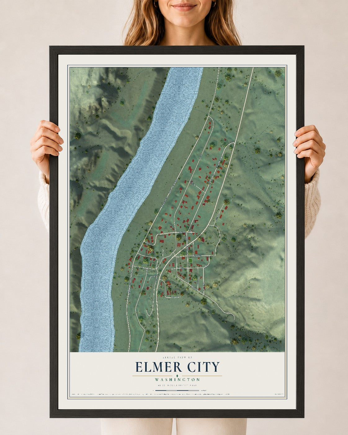 Map of Elmer City, Washington, 24 x 36 inch print in a black wood frame