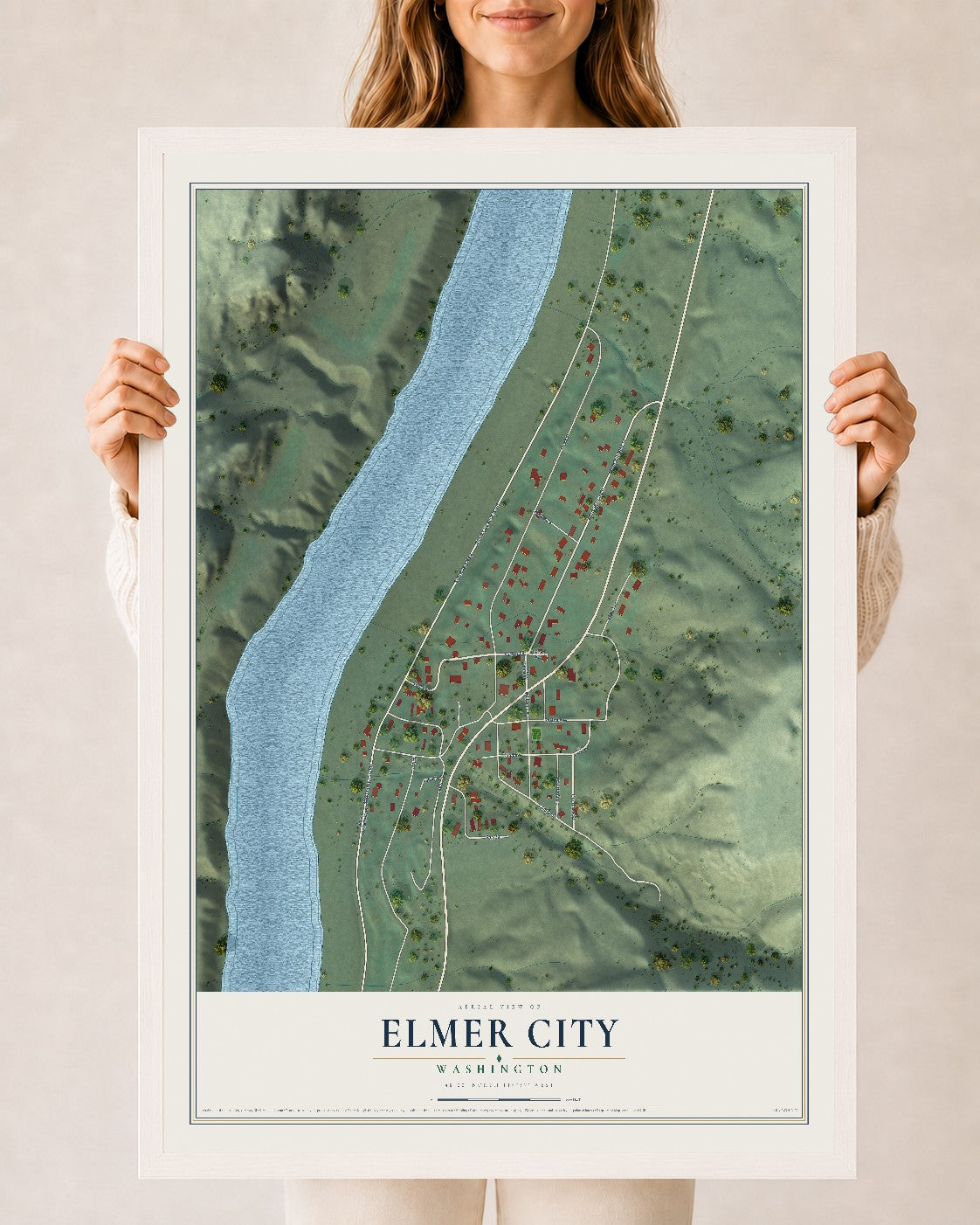 Map of Elmer City, Washington, 24 x 36 inch print in a white wood frame