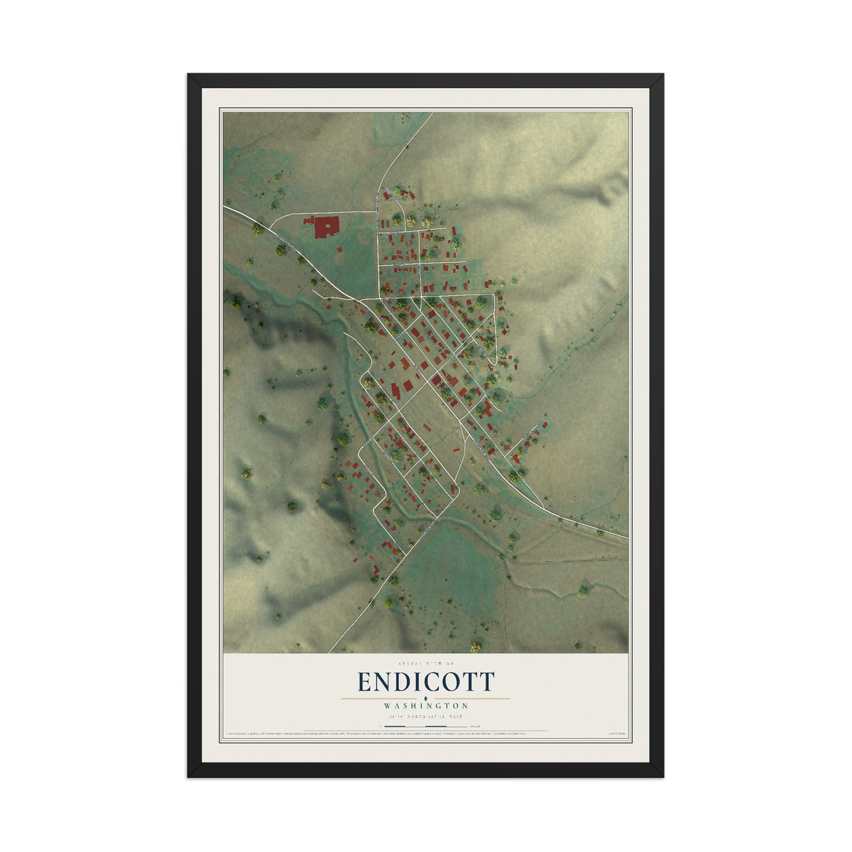 Map of Endicott, Washington, 12 x 18 inch print in a black wood frame