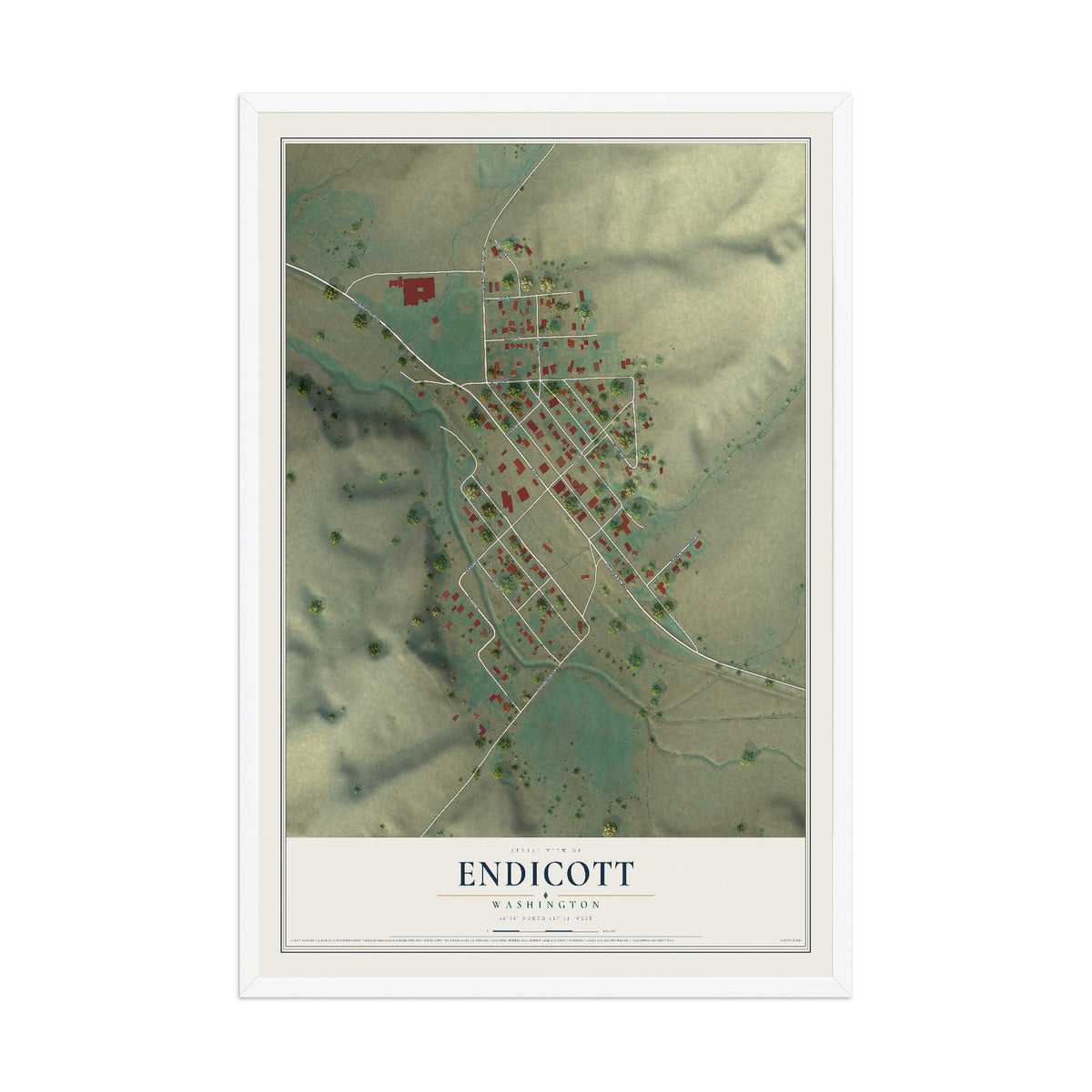 Map of Endicott, Washington, 12 x 18 inch print in a white wood frame