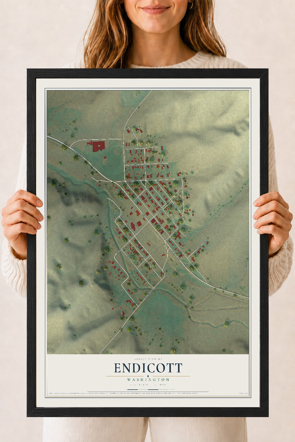 Map of Endicott, Washington, 18 x 24 inch print in a black wood frame