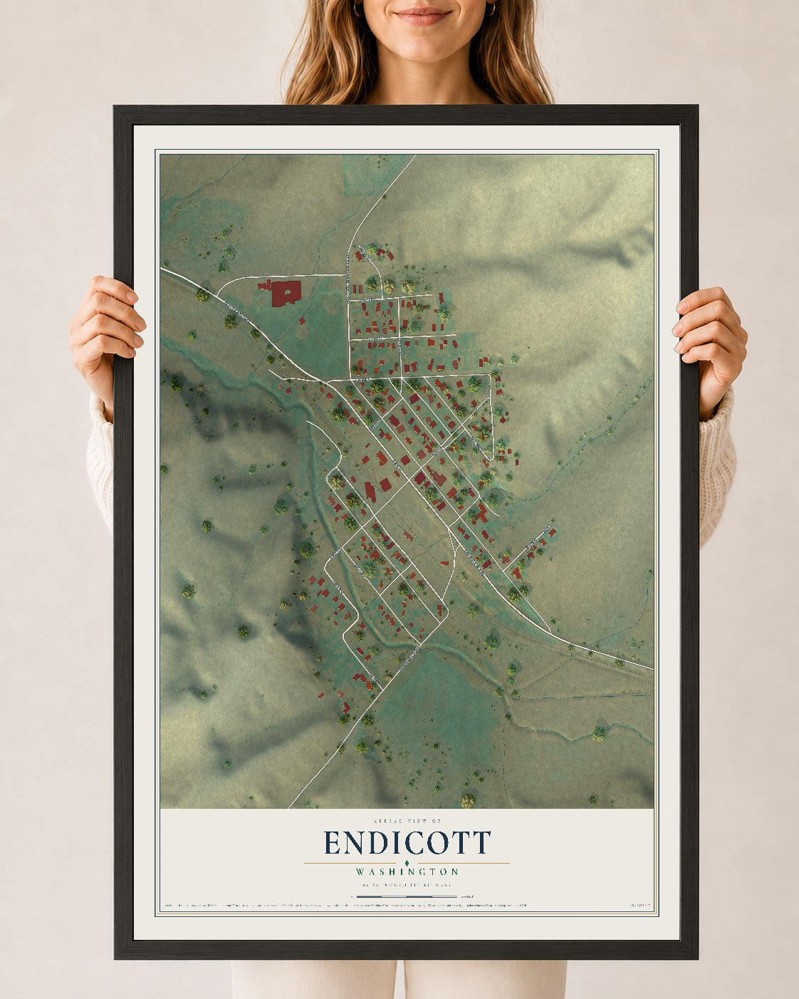 Map of Endicott, Washington, 24 x 36 inch print in a black wood frame