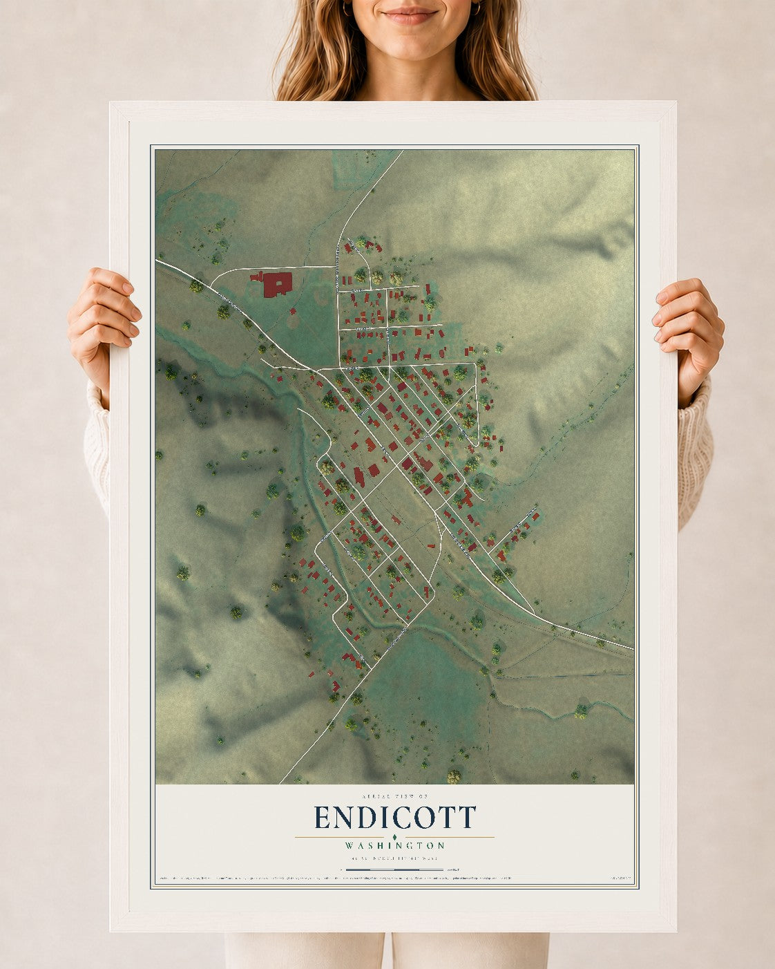 Map of Endicott, Washington, 24 x 36 inch print in a white wood frame