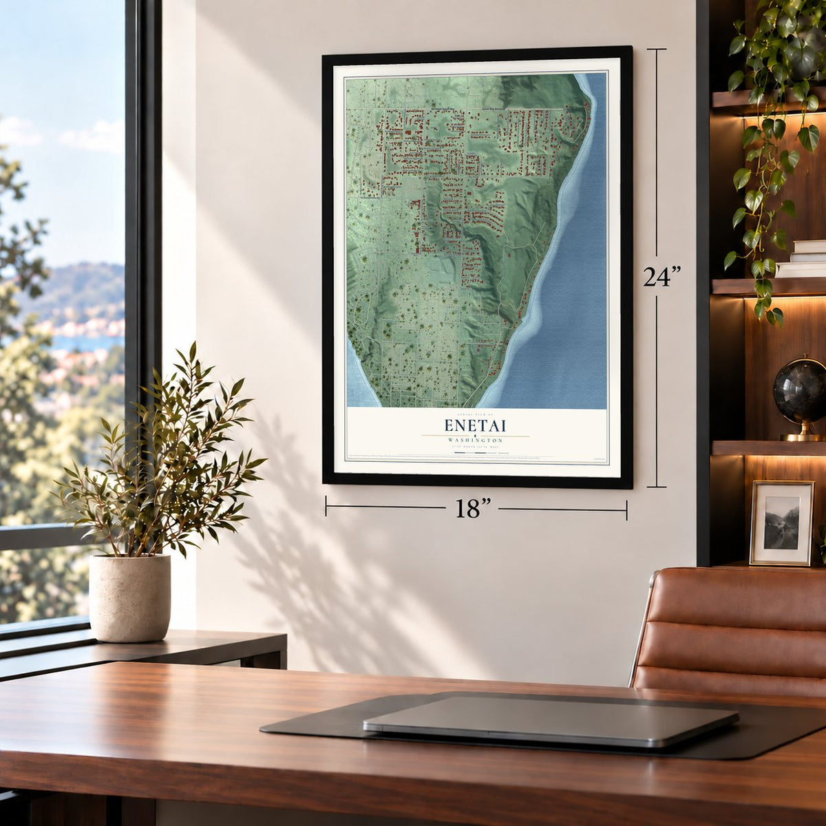 Enetai, Washington map, 18 x 24 inch print in a black frame in a home office