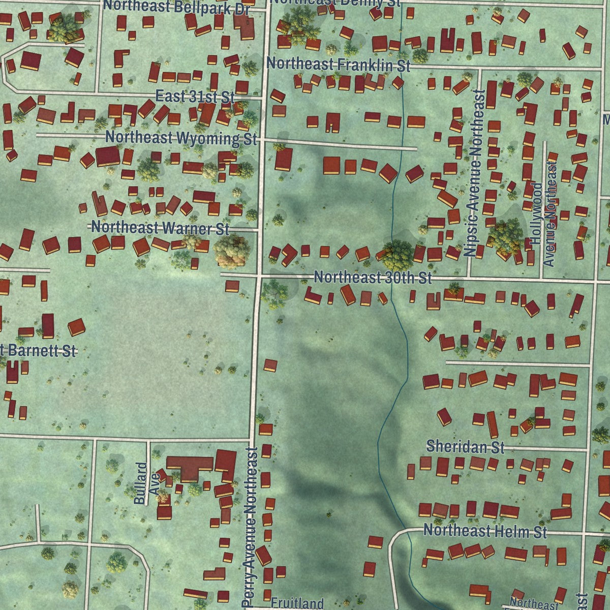 Close-up of the map of Enetai, Washington print showing street and building detail