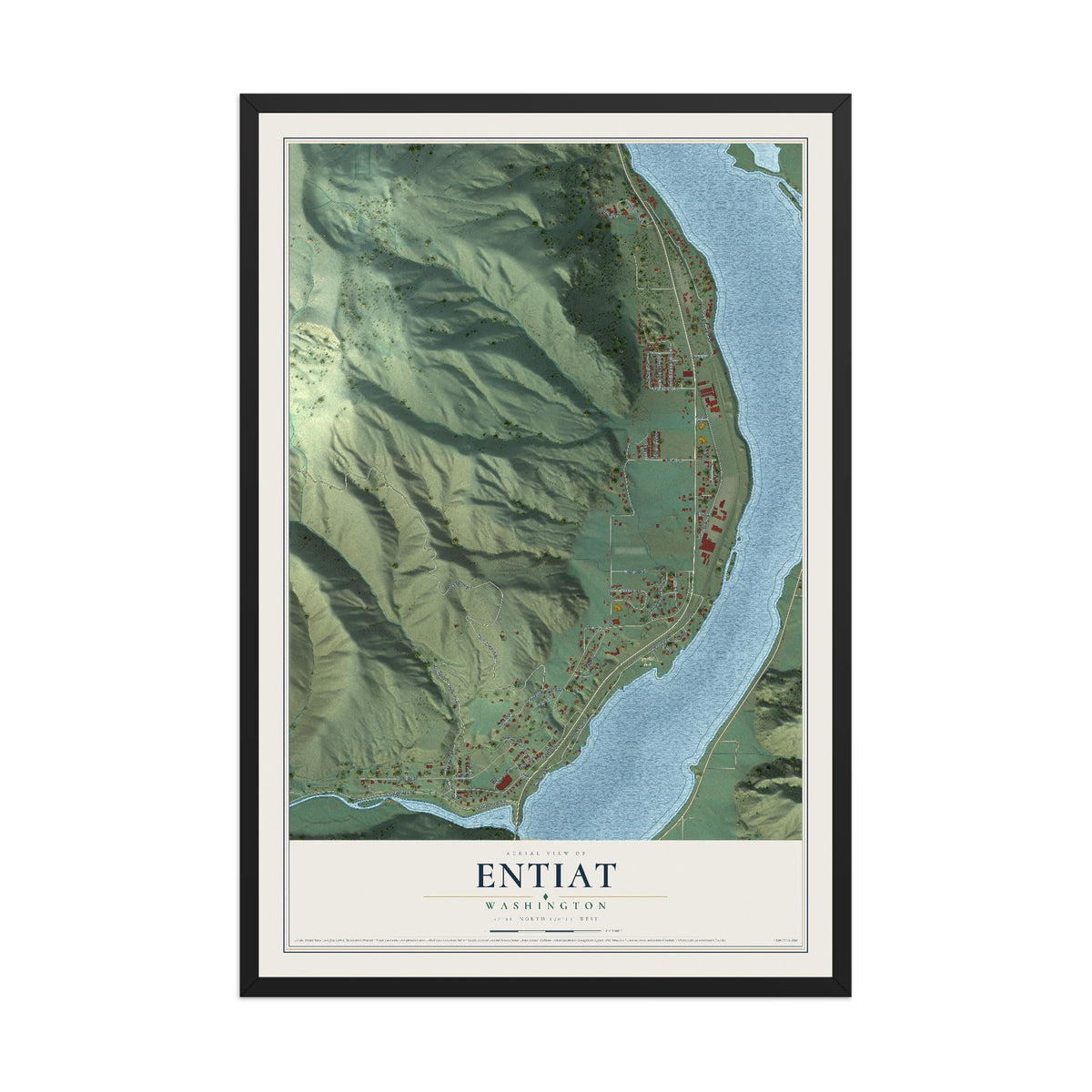 Map of Entiat, Washington, 12 x 18 inch print in a black wood frame