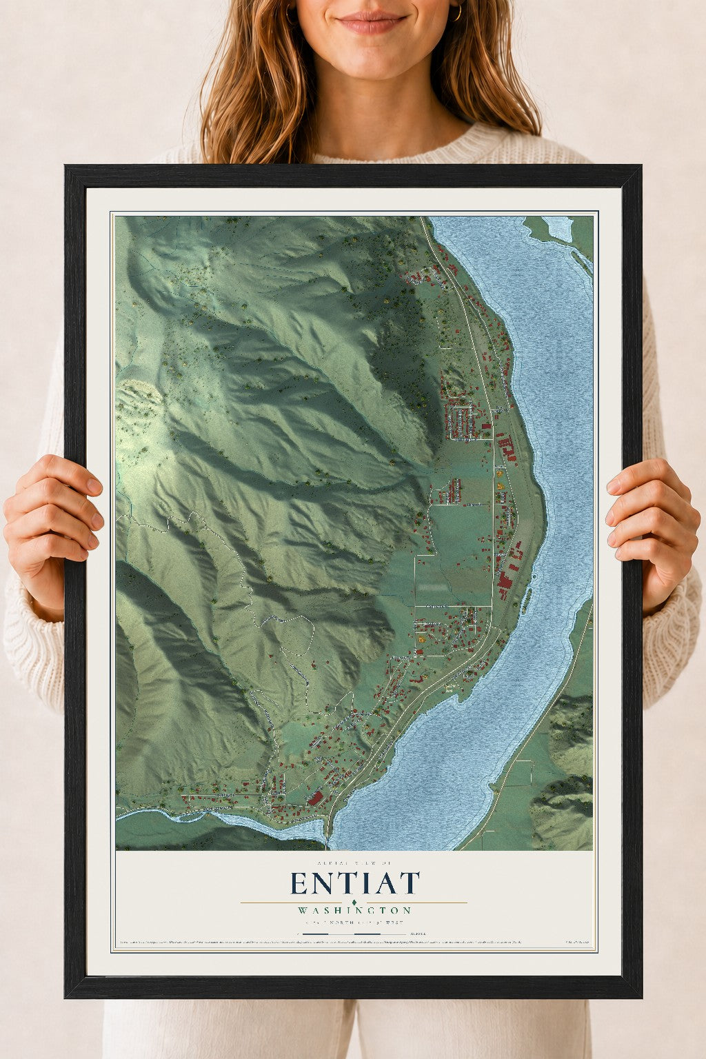 Map of Entiat, Washington, 18 x 24 inch print in a black wood frame