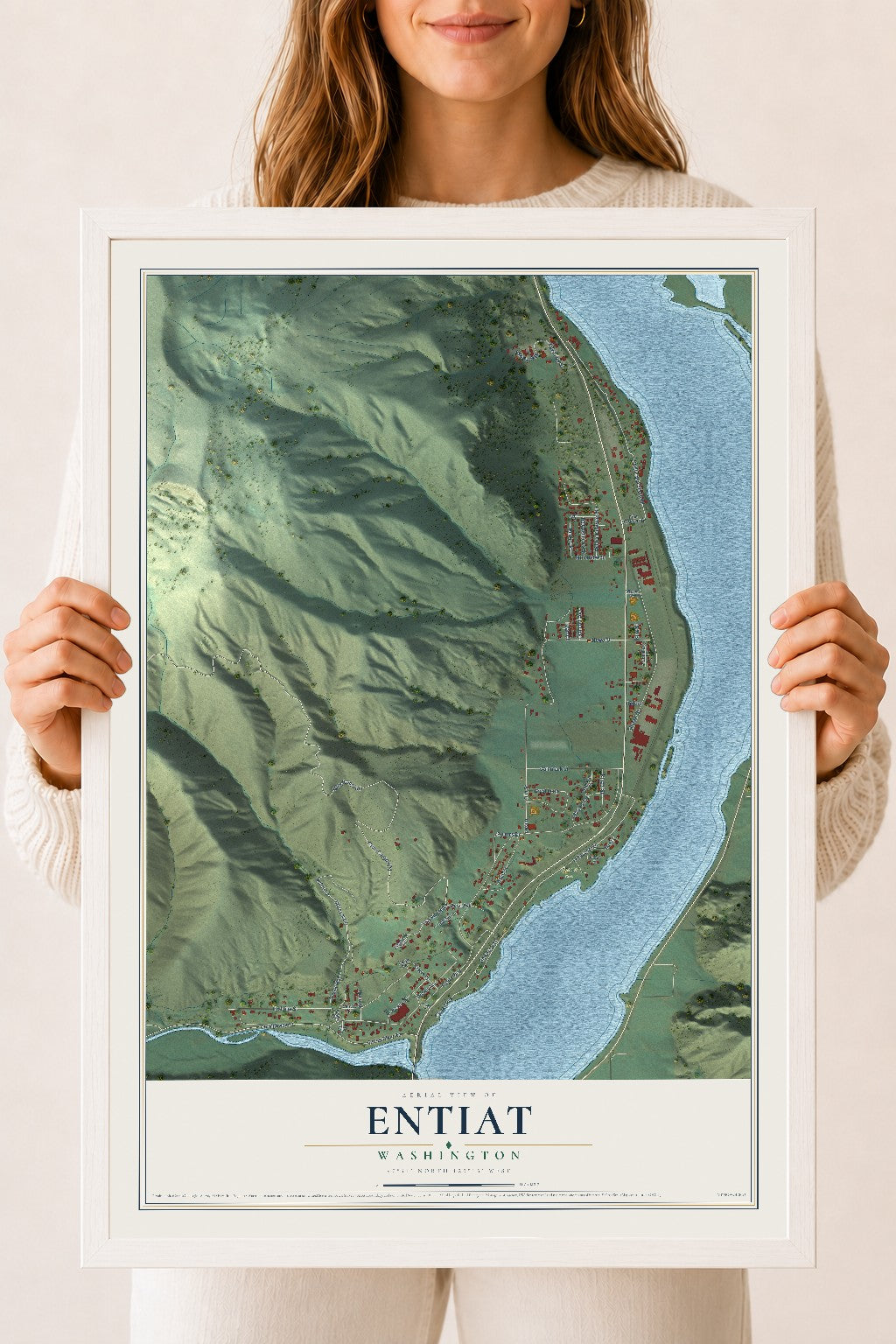 Map of Entiat, Washington, 18 x 24 inch print in a white wood frame