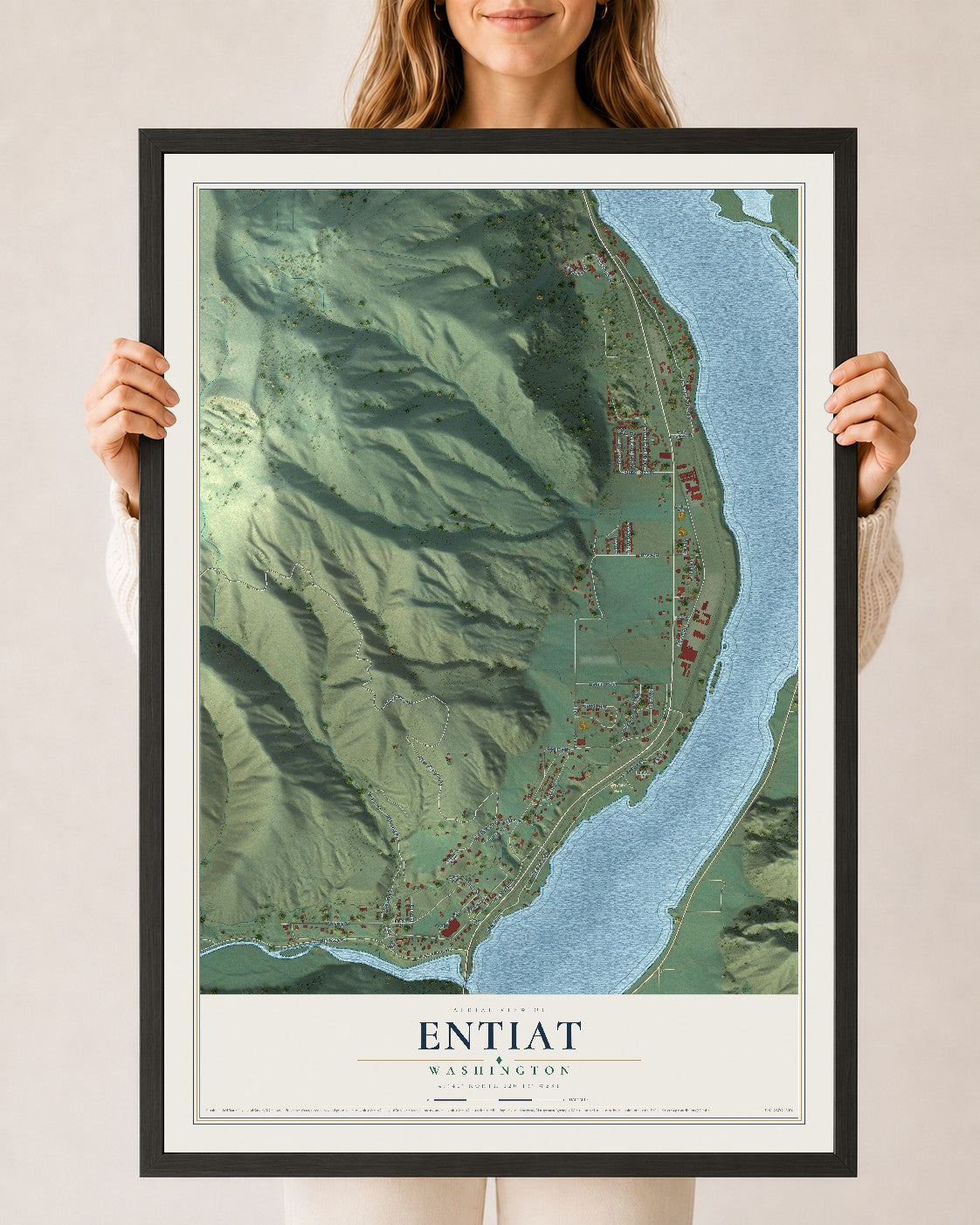 Map of Entiat, Washington, 24 x 36 inch print in a black wood frame