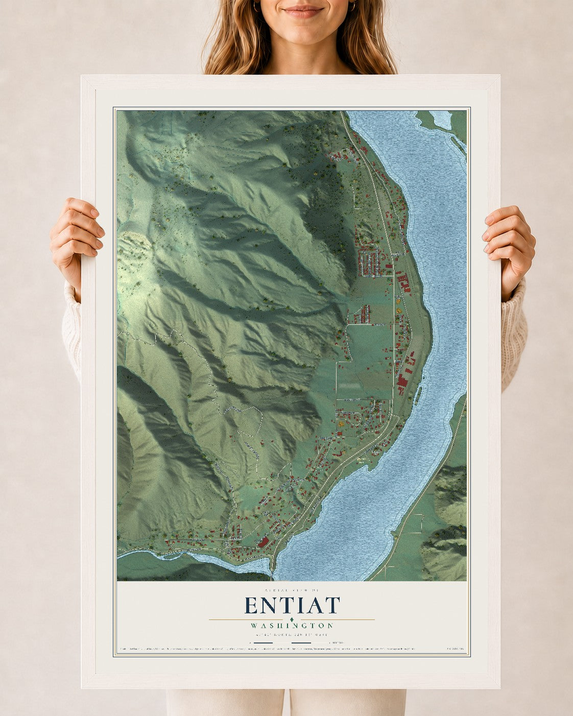 Map of Entiat, Washington, 24 x 36 inch print in a white wood frame