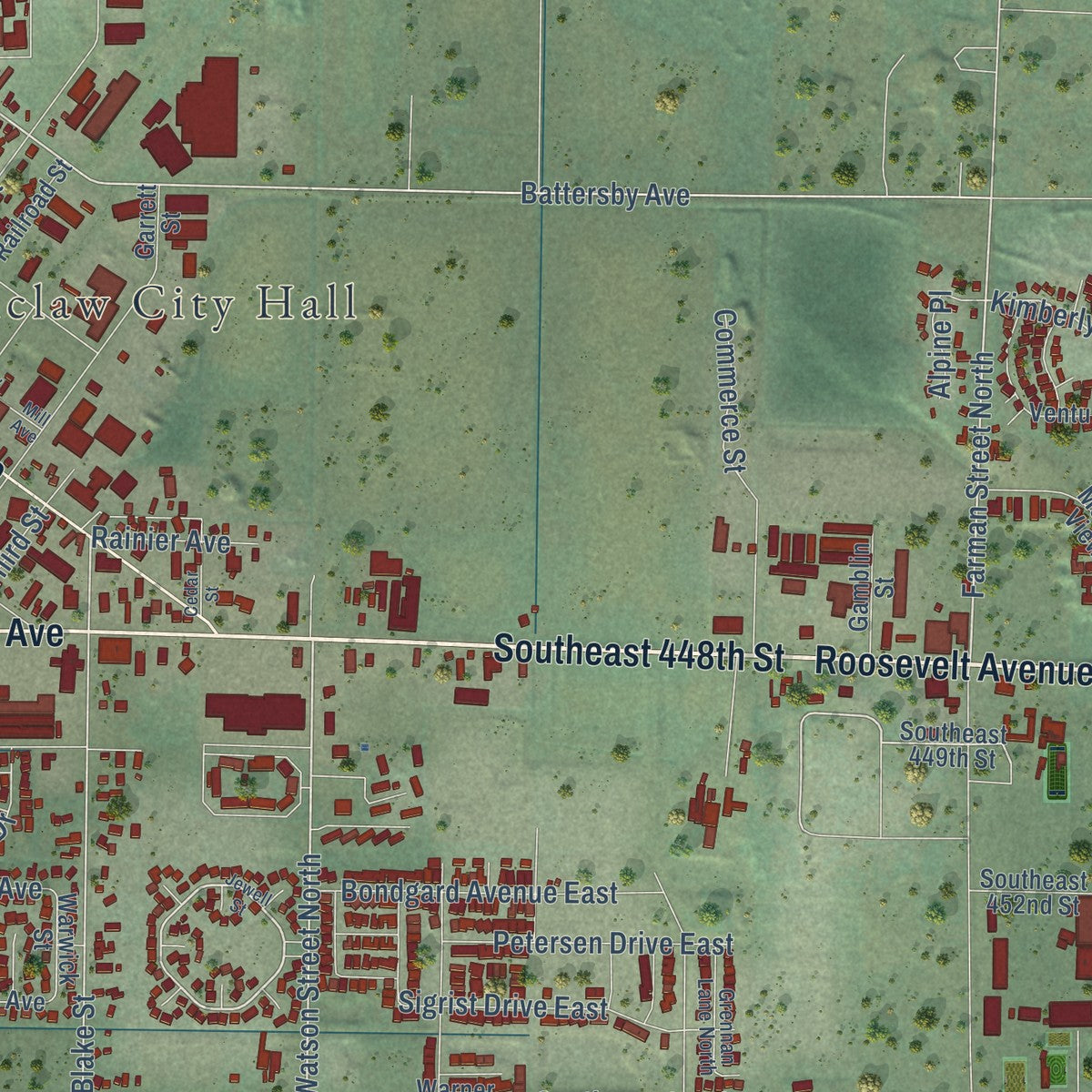 Second close-up of the map of Enumclaw, Washington print showing more streets and buildings