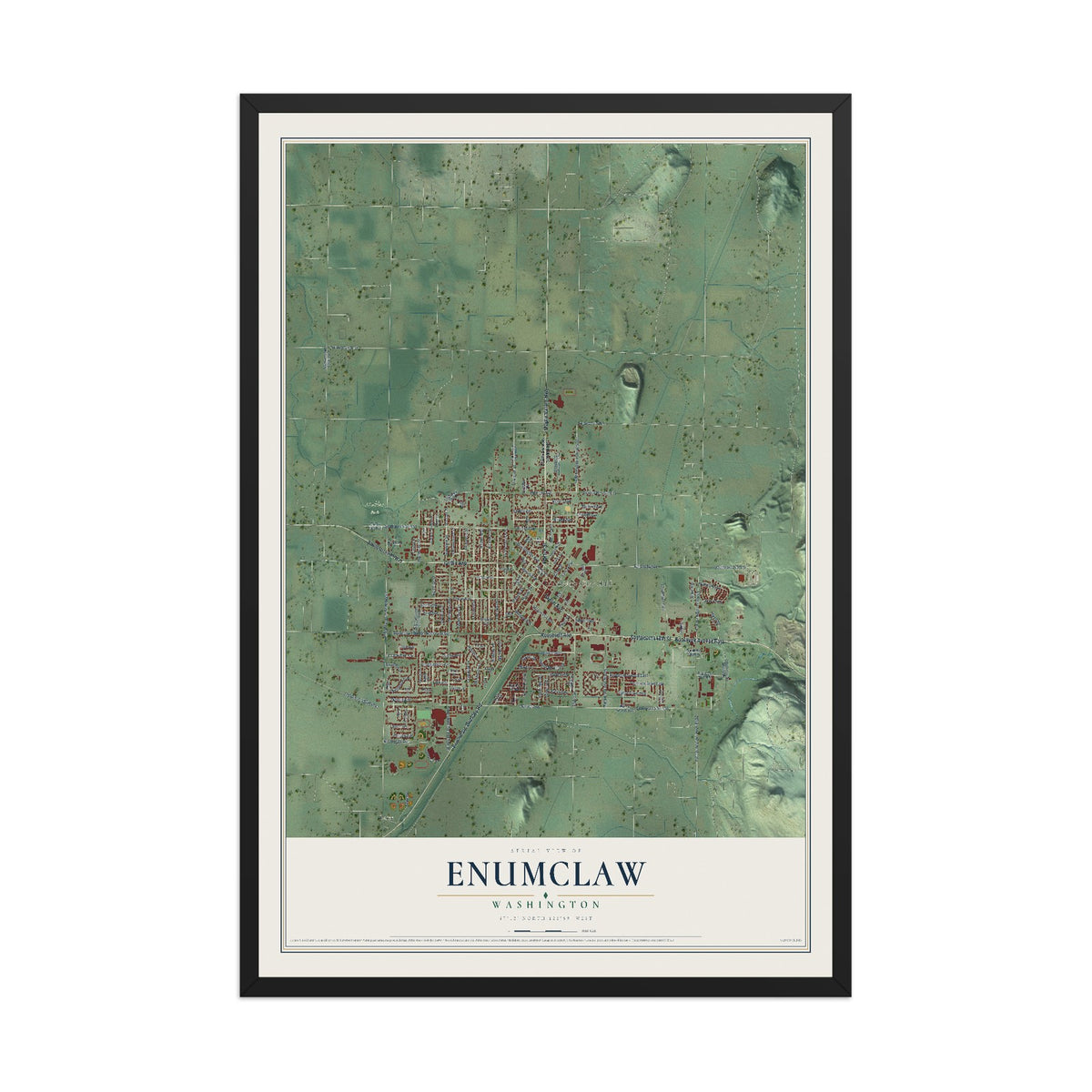 Map of Enumclaw, Washington, 12 x 18 inch print in a black wood frame