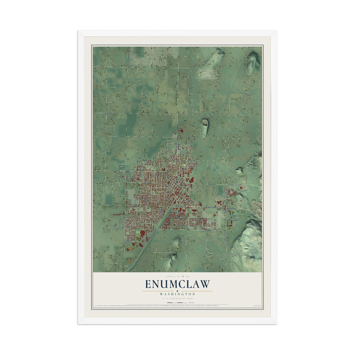 Map of Enumclaw, Washington, 12 x 18 inch print in a white wood frame