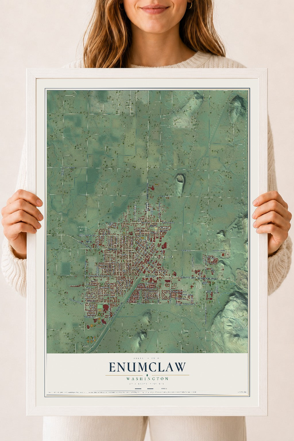 Map of Enumclaw, Washington, 18 x 24 inch print in a white wood frame