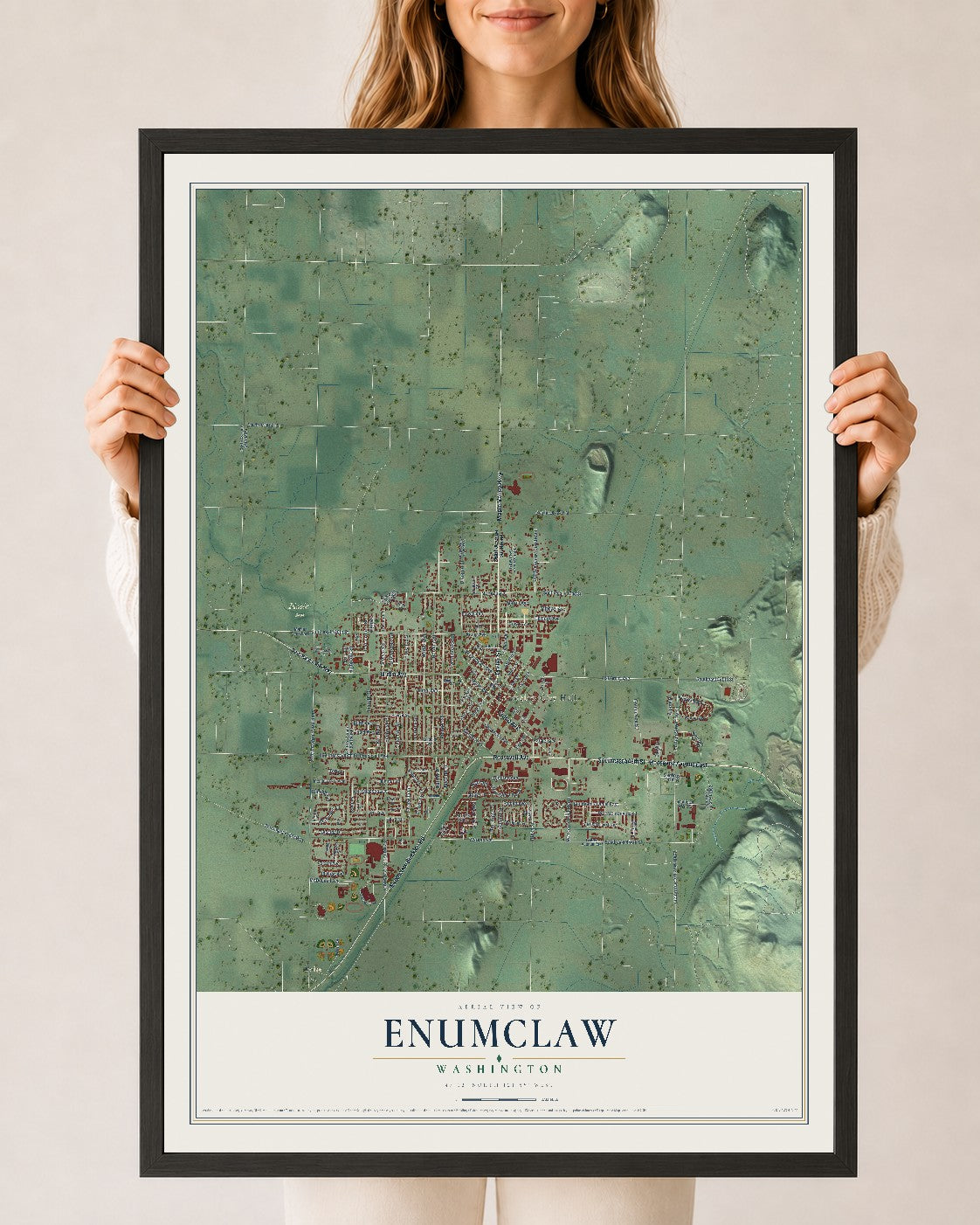 Map of Enumclaw, Washington, 24 x 36 inch print in a black wood frame