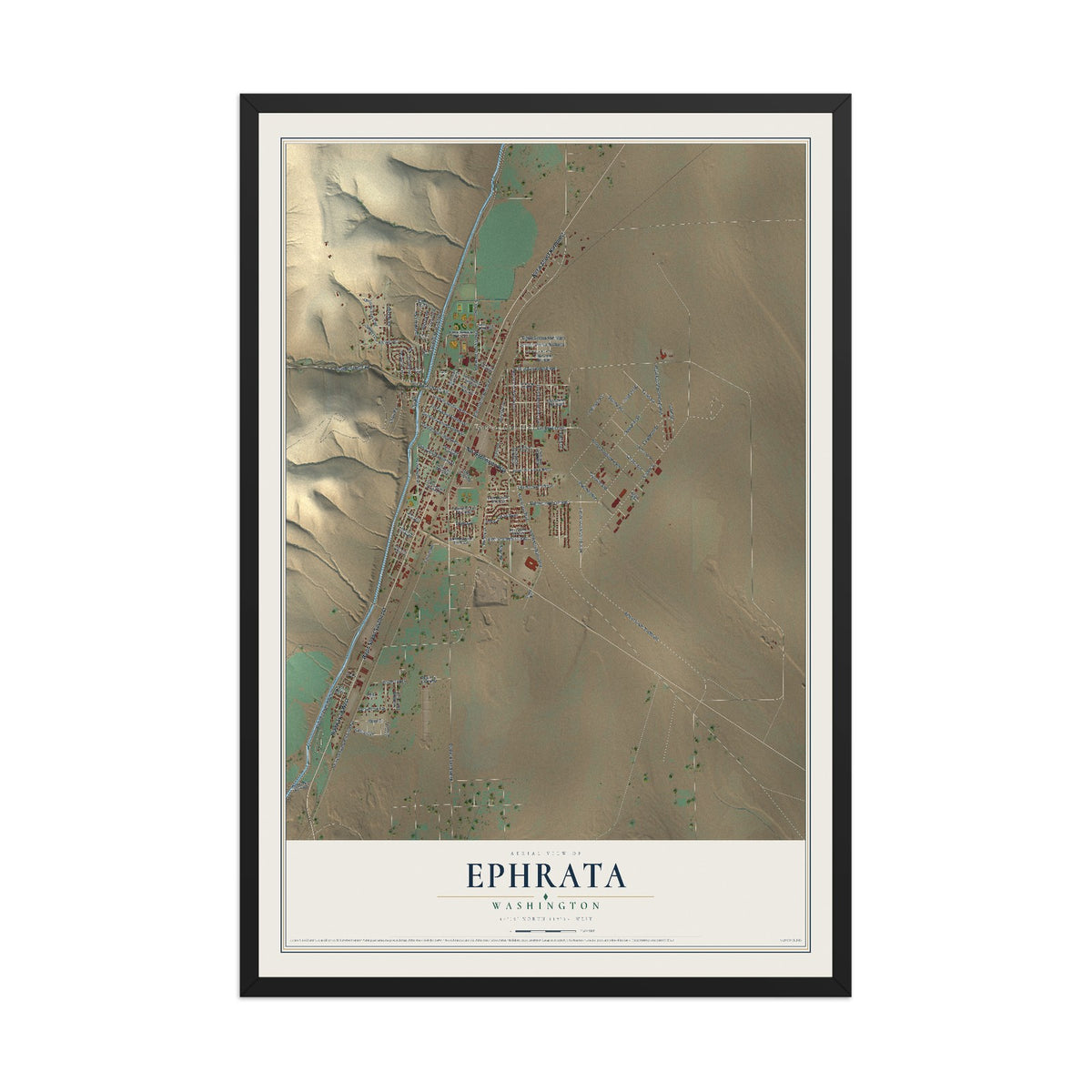 Map of Ephrata, Washington, 12 x 18 inch print in a black wood frame