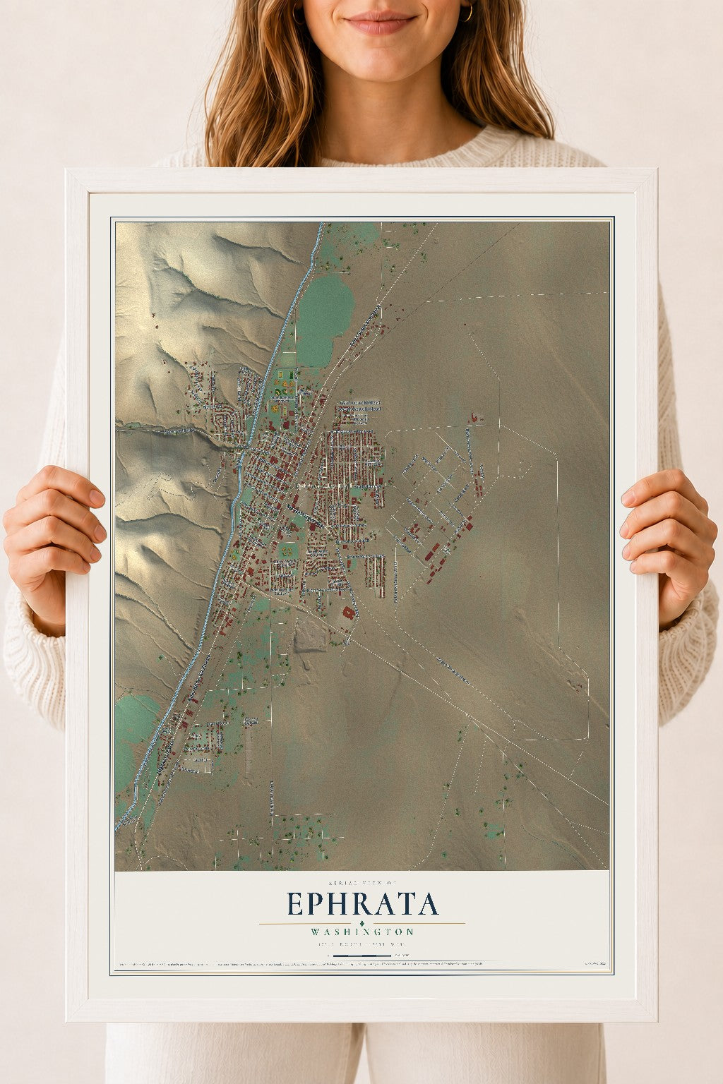 Map of Ephrata, Washington, 18 x 24 inch print in a white wood frame