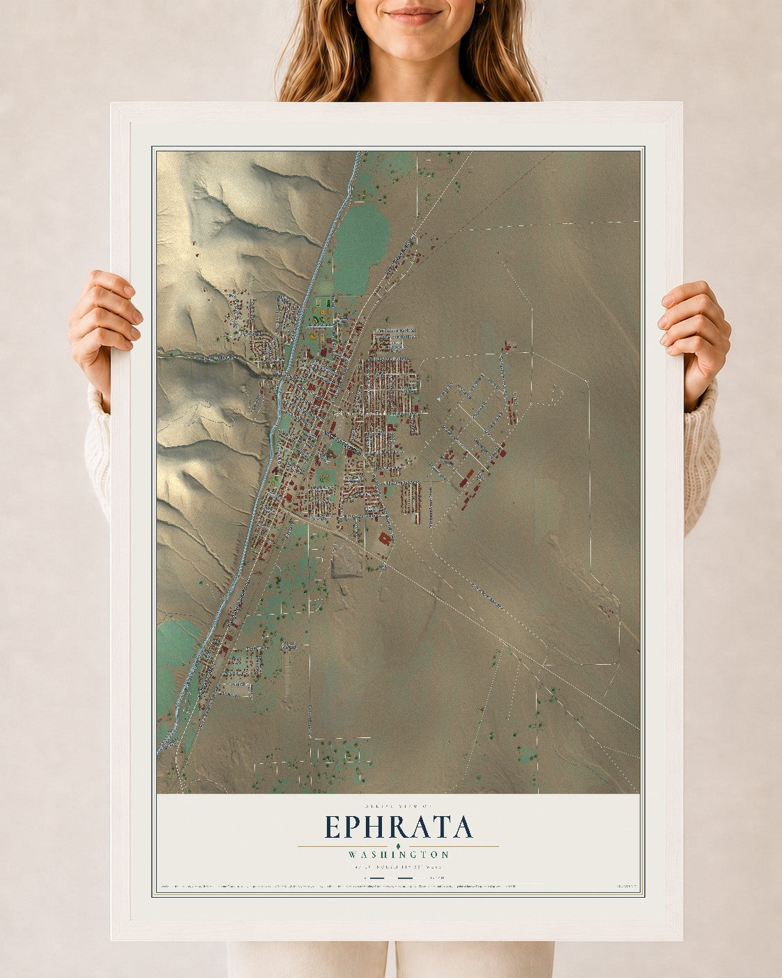 Map of Ephrata, Washington, 24 x 36 inch print in a white wood frame