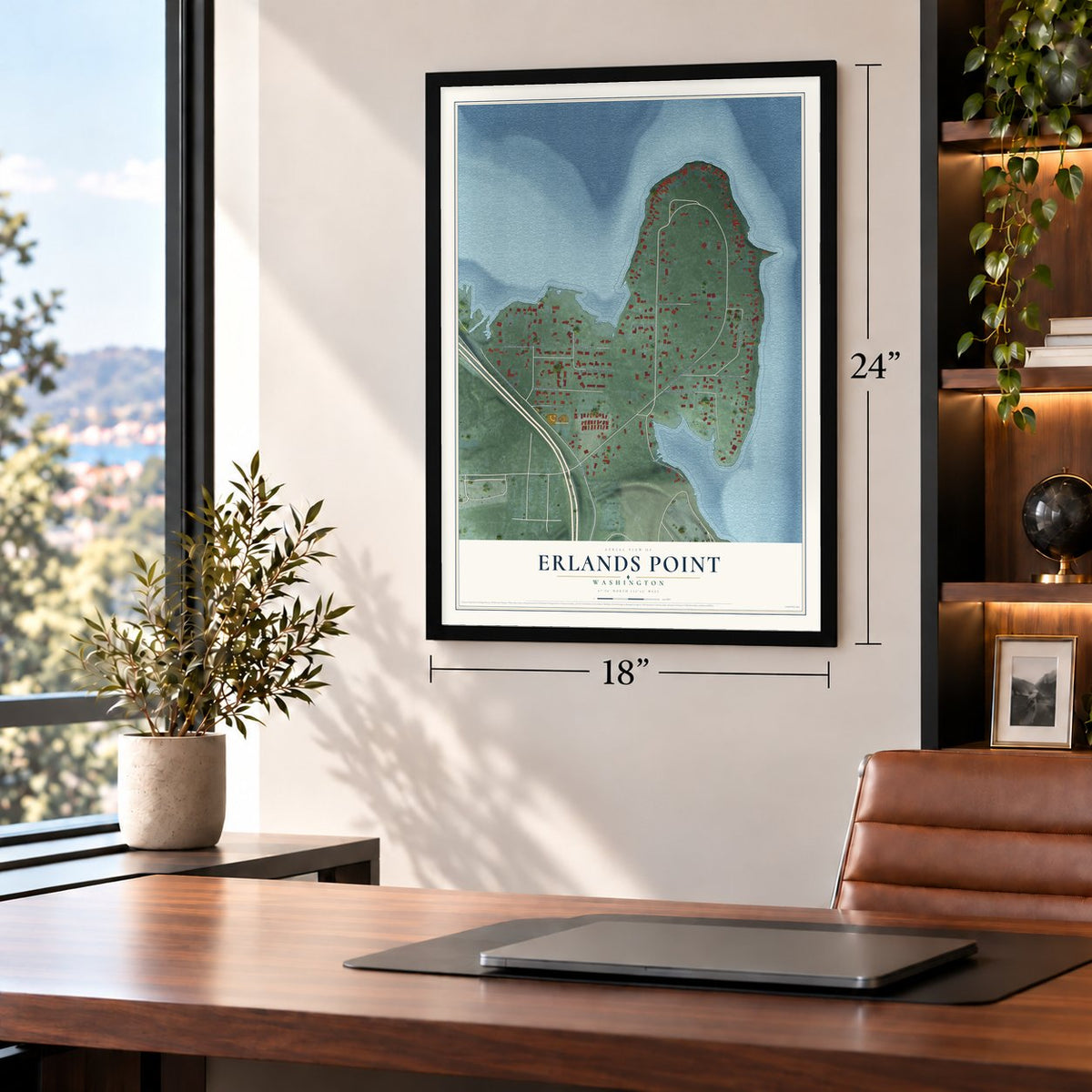 Erlands Point, Washington map, 18 x 24 inch print in a black frame in a home office