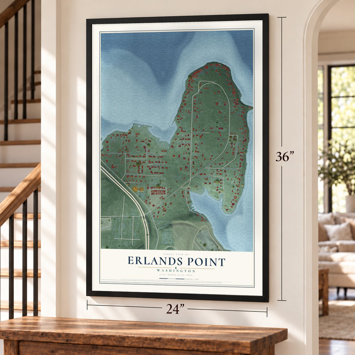Erlands Point, Washington map, 24 x 36 inch print in a black frame by a staircase