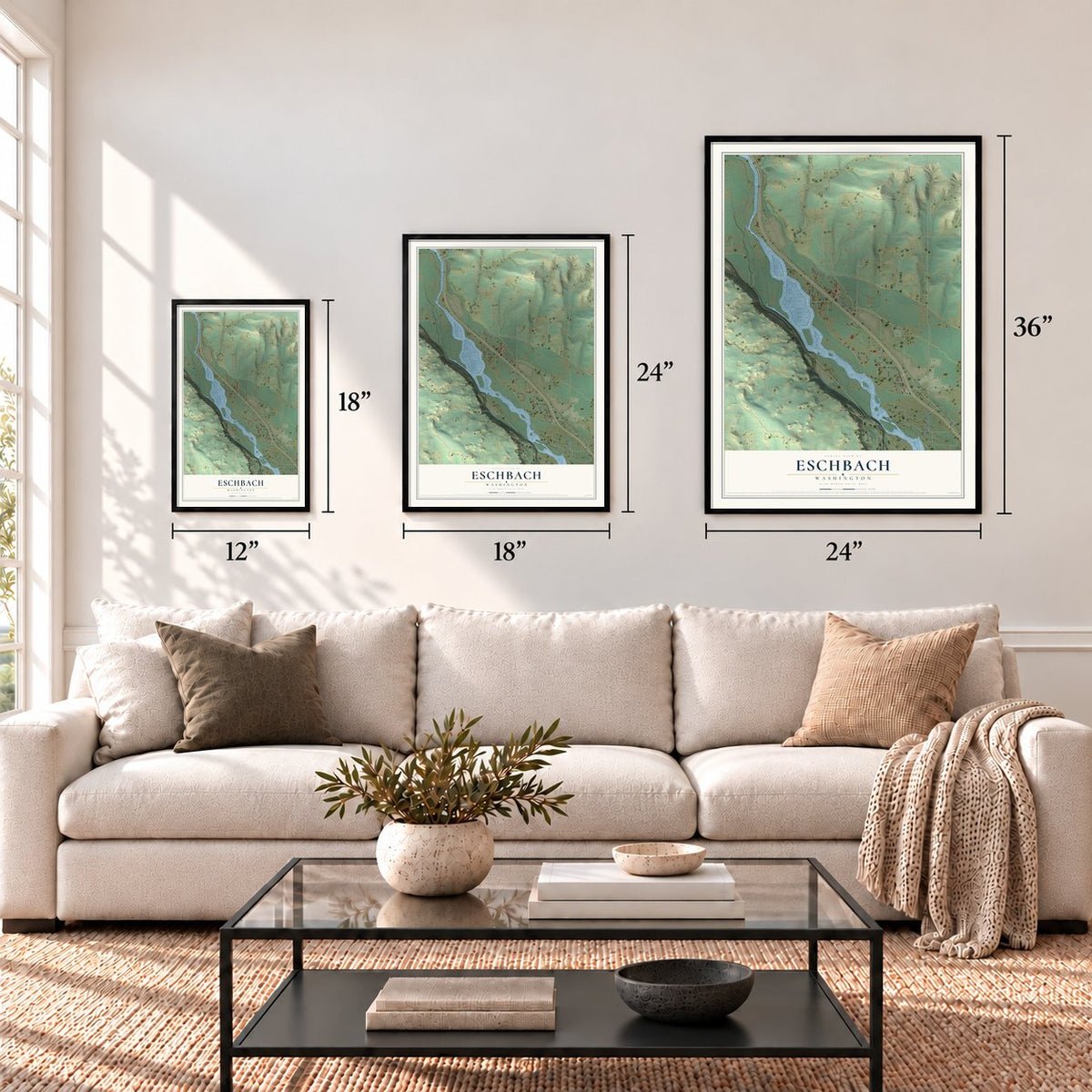 Eschbach, Washington map in 12 x 18, 18 x 24 and 24 x 36 inch sizes above a sofa