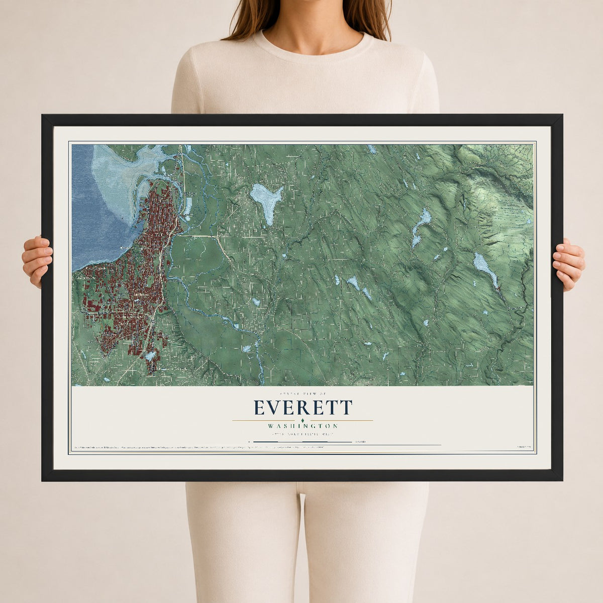Map of Everett, Washington, 24 x 36 inch print in a black wood frame