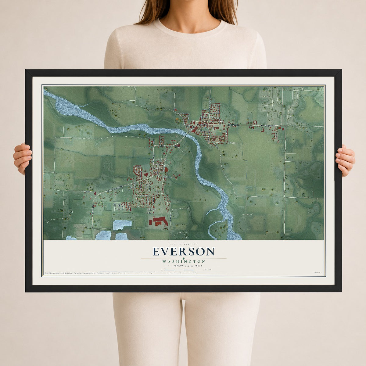 Map of Everson, Washington, 24 x 36 inch print in a black wood frame