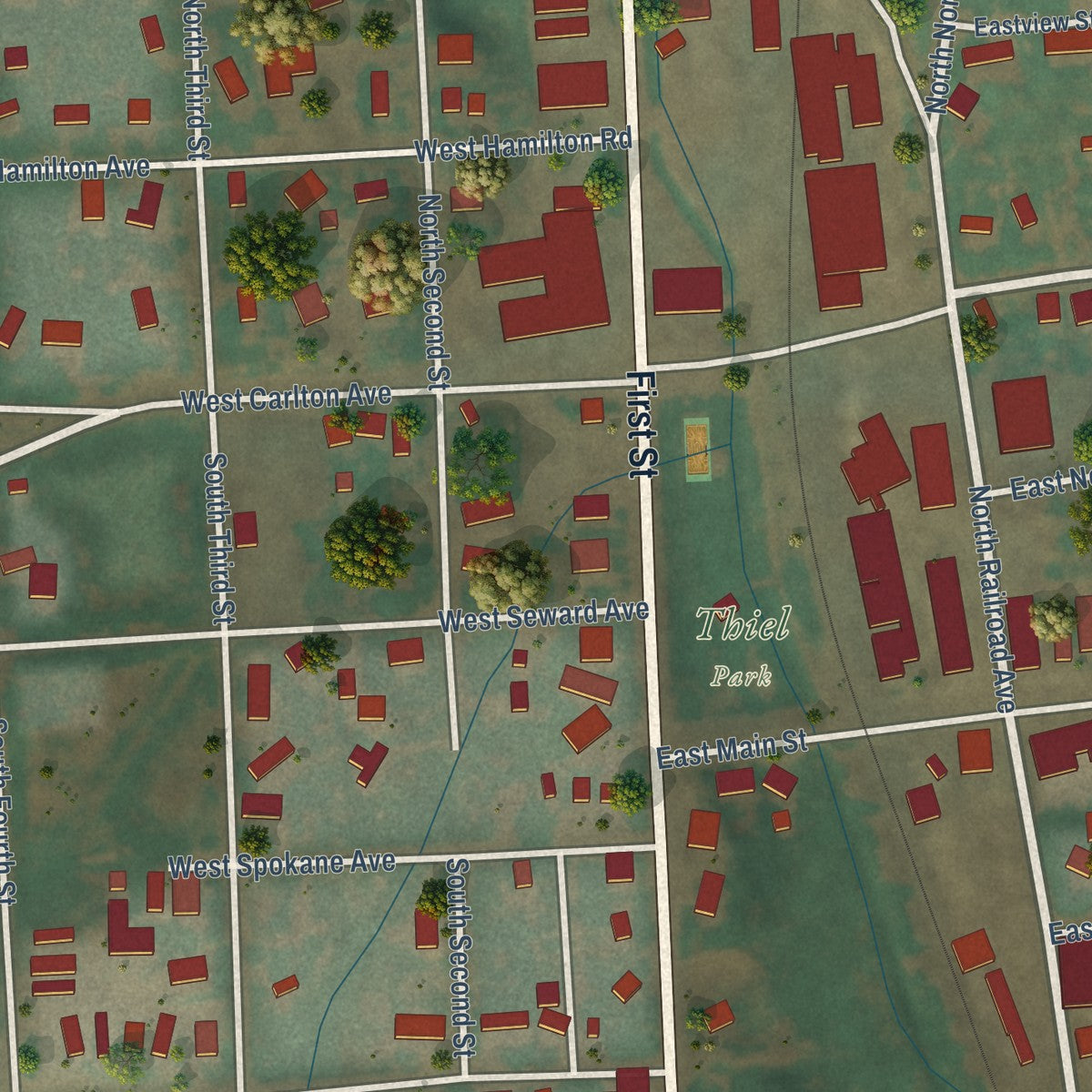 Close-up of the map of Fairfield, Washington print showing street and building detail