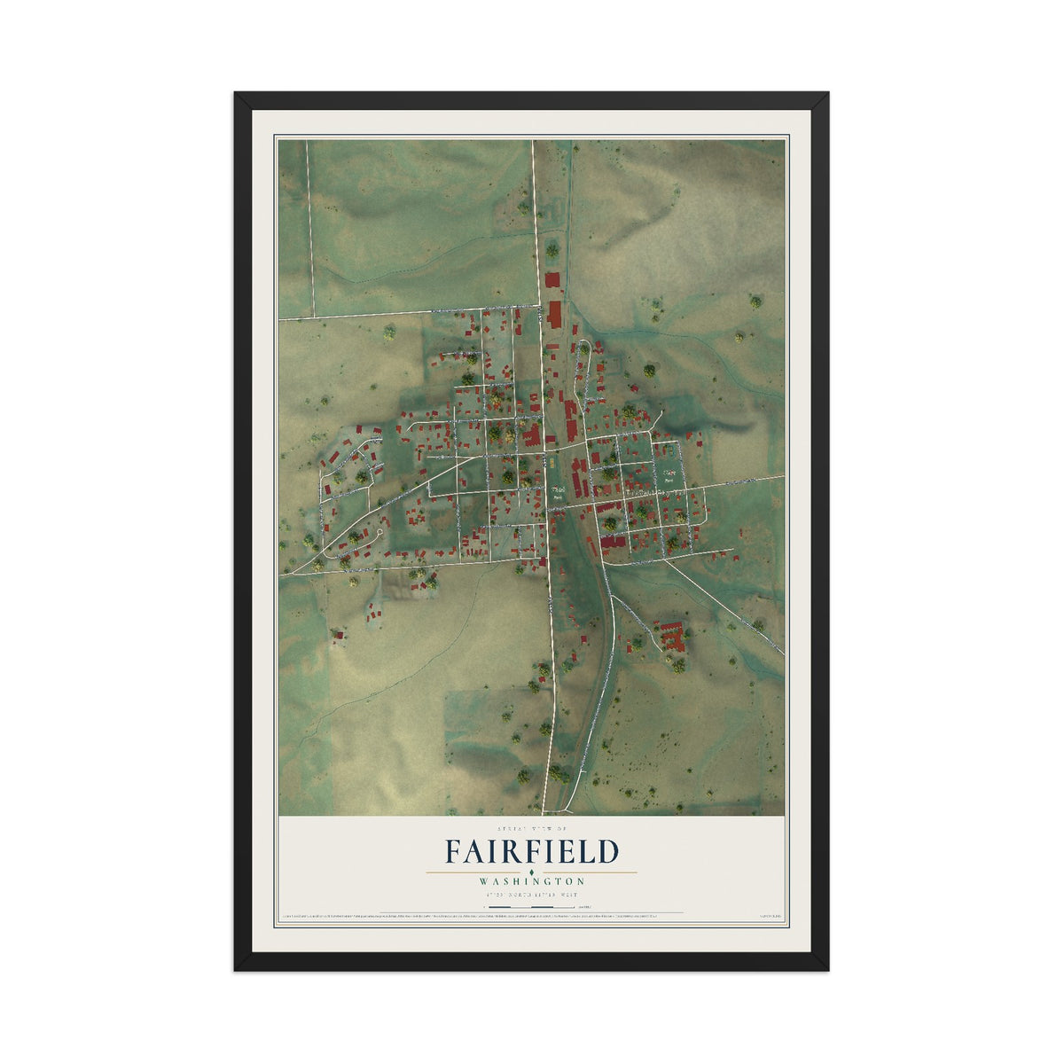 Map of Fairfield, Washington, 12 x 18 inch print in a black wood frame