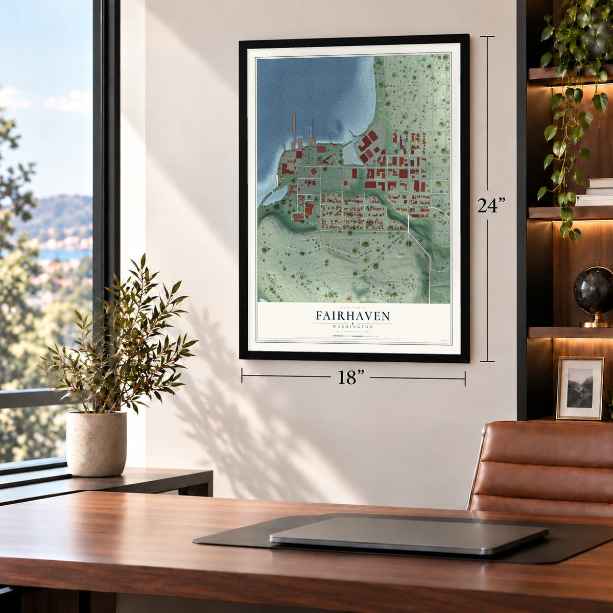 Fairhaven, Washington map, 18 x 24 inch print in a black frame in a home office