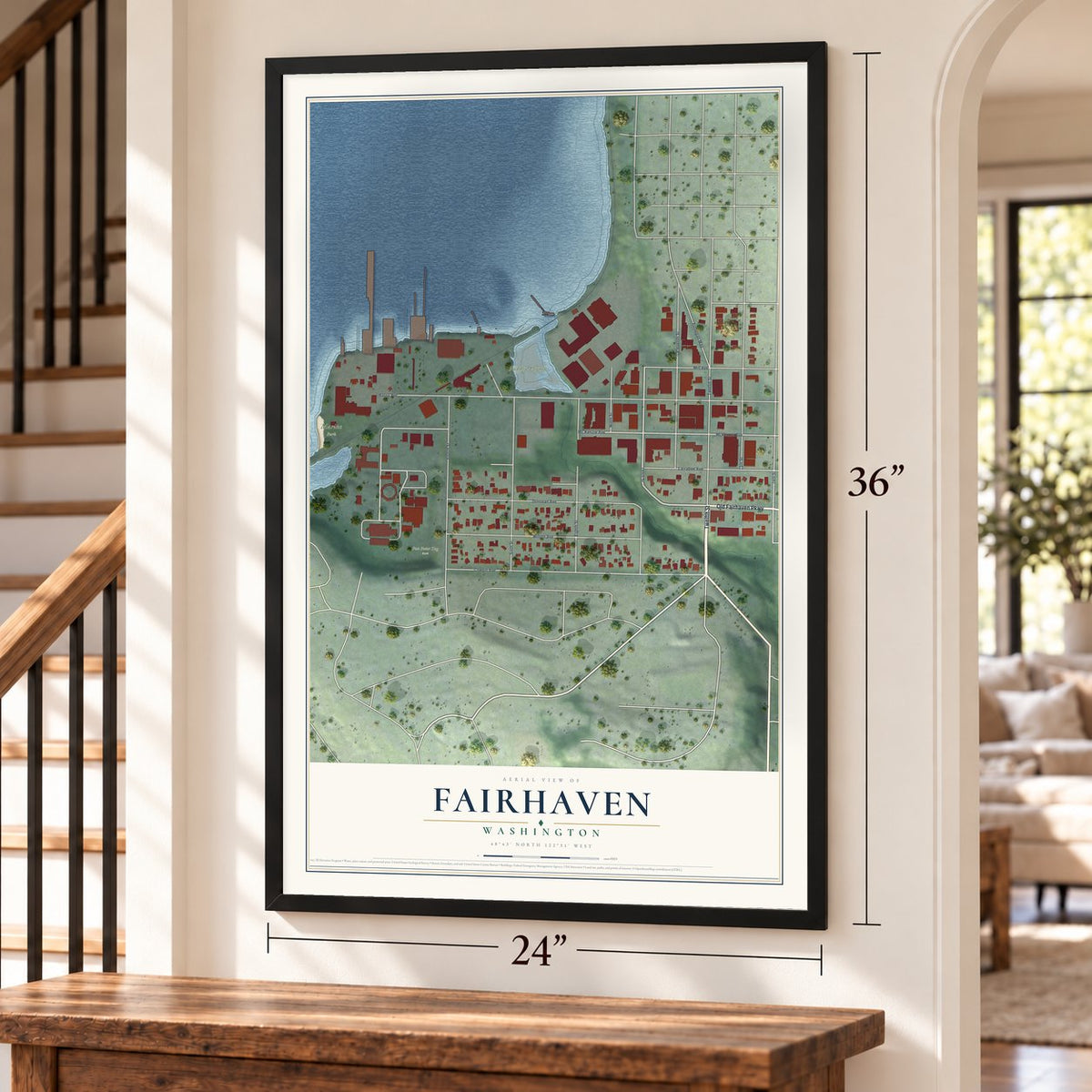Fairhaven, Washington map, 24 x 36 inch print in a black frame by a staircase